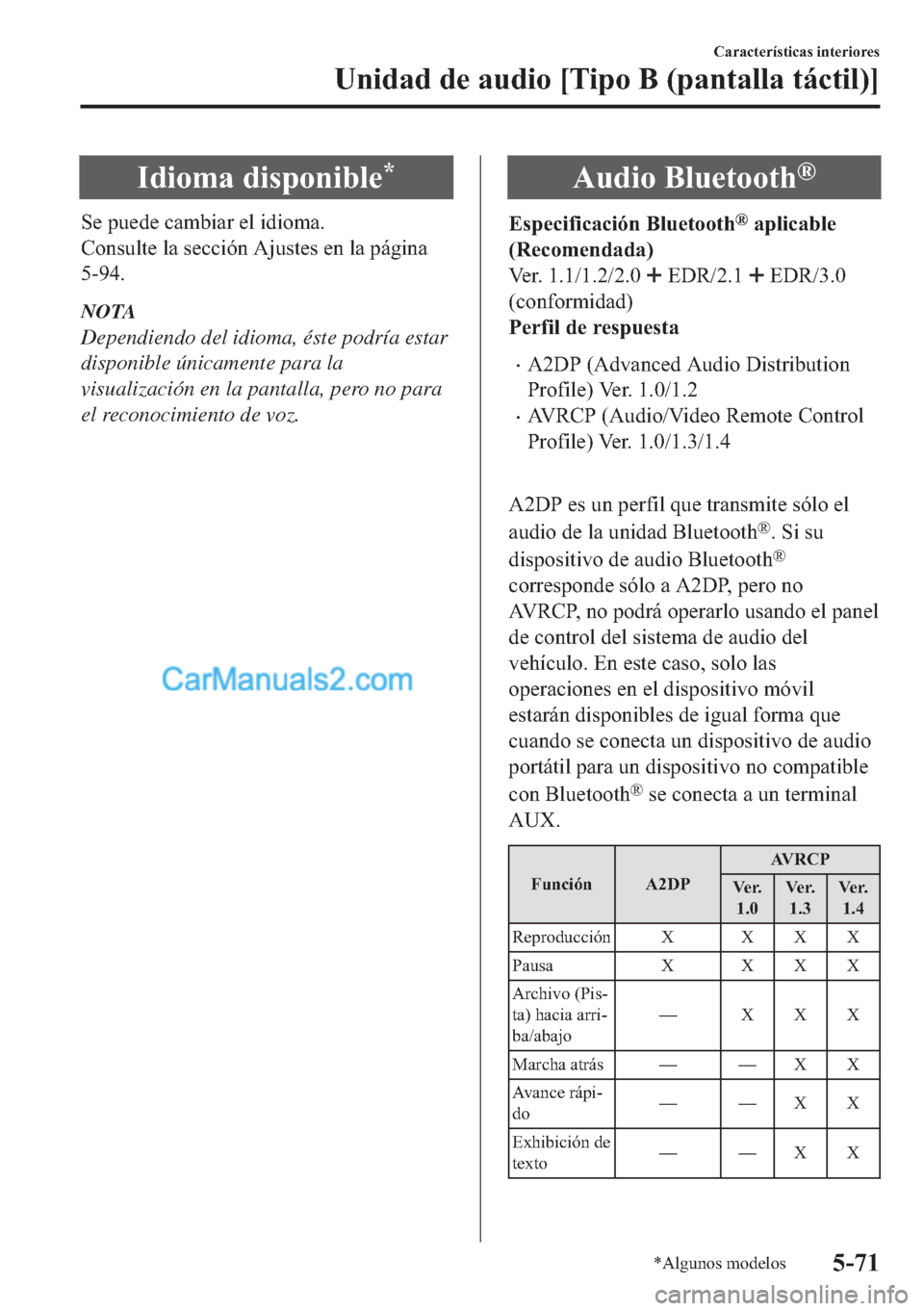 MAZDA MODEL MX-5 2017  Manual del propietario (in Spanish)  �,�G�L�R�P�D��G�L�V�S�R�Q�L�E�O�H�
�6�H��S�X�H�G�H��F�D�P�E�L�D�U��H�O��L�G�L�R�P�D�
�&�R�Q�V�X�O�W�H��O�D��V�H�F�F�L�y�Q��$�M�X�V�W�H�V��H�Q��O�D��S�i�J�L�Q�D
�����
NOTA
Dependiendo