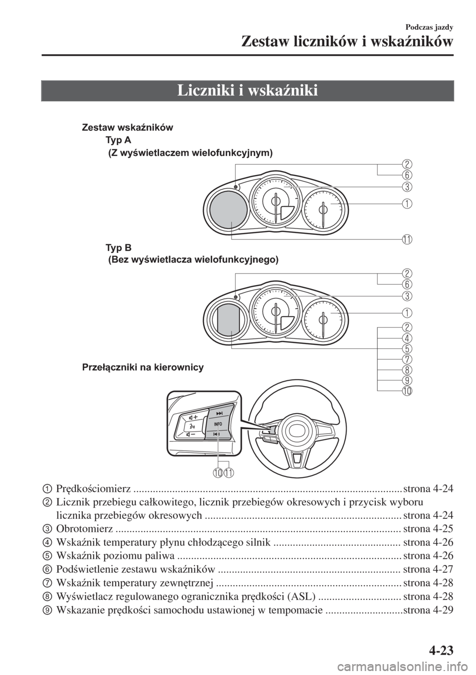 MAZDA MODEL MX-5 2017  Instrukcja Obsługi (in Polish) Liczniki i wska(niki
 
Ty p  A
Ty p  B  
Przełączniki na kierownicy (Z wyświetlaczem wielofunkcyjnym)
 (Bez wyświetlacza wielofunkcyjnego) Zestaw wskaźników
pPr
dkociomierz ................