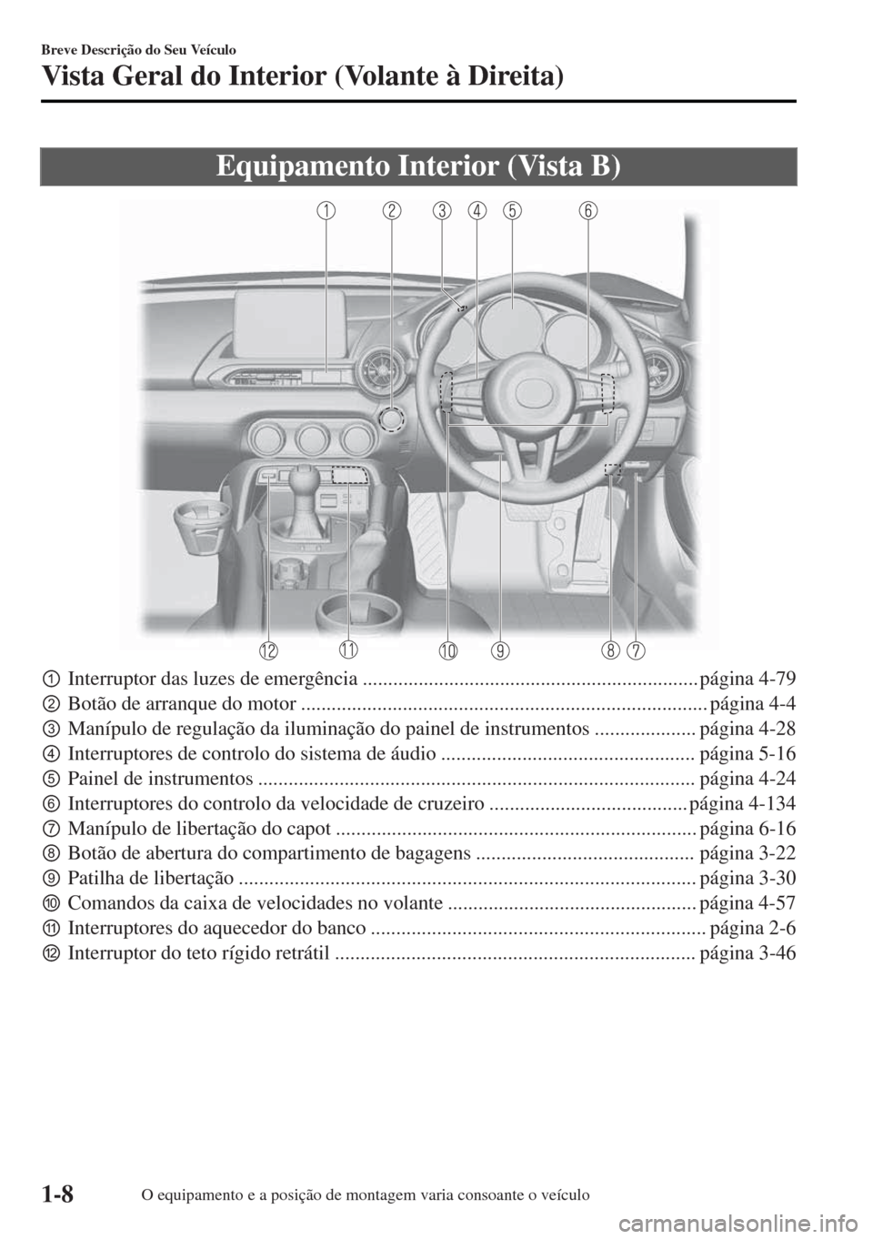MAZDA MODEL MX-5 2017 Manual do proprietário (in Portuguese) Equipamento Interior (Vista B)
pInterruptor das luzes de emergência .................................................................. página 4-79
qBotão de arranque do motor .................... MAZDA MODEL MX-5 2017 Manual do proprietário (in Portuguese) Equipamento Interior (Vista B)
pInterruptor das luzes de emergência .................................................................. página 4-79
qBotão de arranque do motor ....................