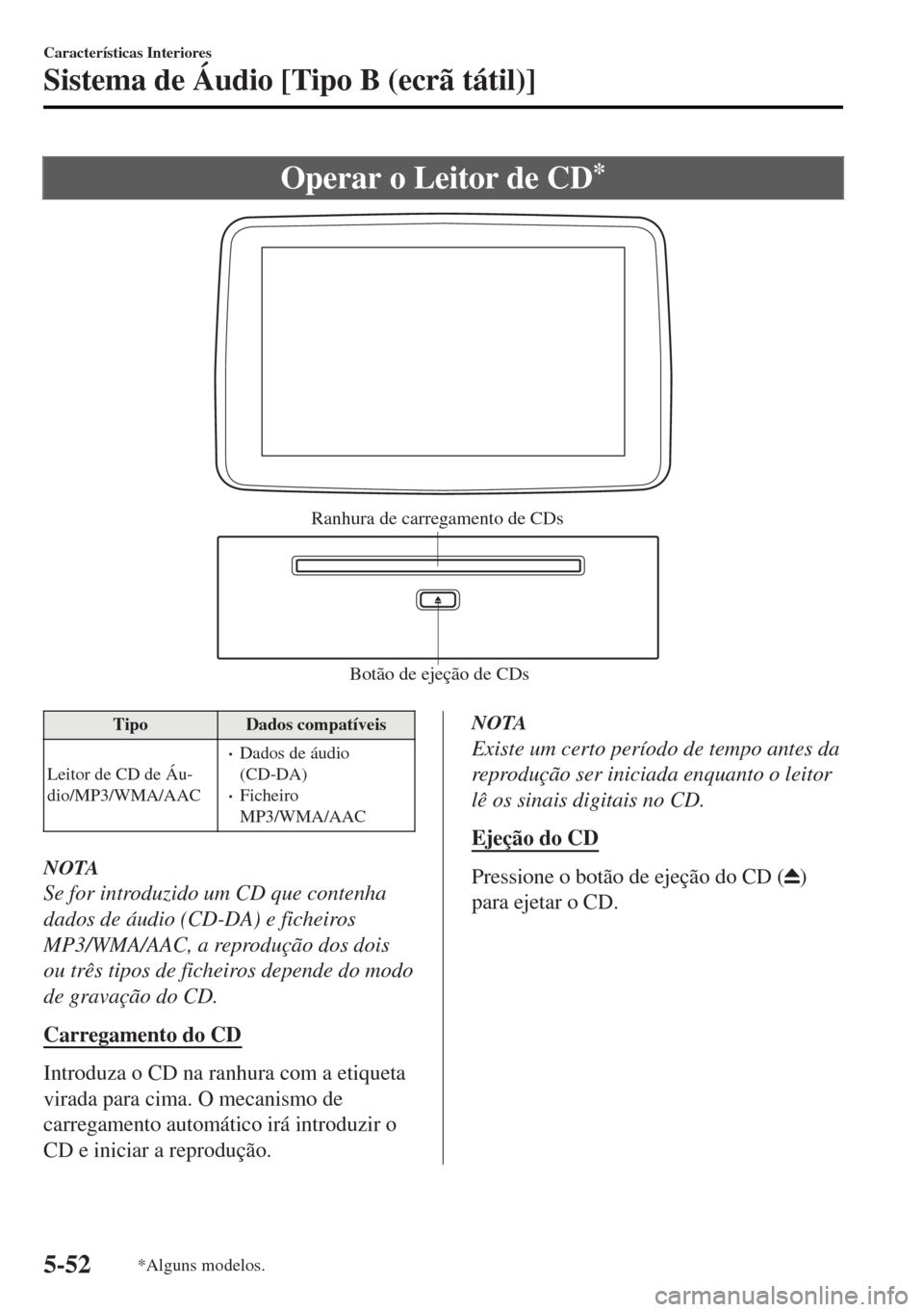 MAZDA MODEL MX-5 2017  Manual do proprietário (in Portuguese) Operar o Leitor de CD*
Botão de ejeção de CDs Ranhura de carregamento de CDs
Tipo Dados compatíveis
Leitor de CD de Áu-
dio/MP3/WMA/AAC
•Dados de áudio
(CD-DA)
•Ficheiro
MP3/WMA/AAC
NOTA
Se 
