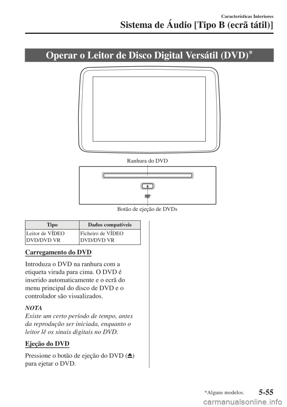 MAZDA MODEL MX-5 2017  Manual do proprietário (in Portuguese) Operar o Leitor de Disco Digital Versátil (DVD)*
Botão de ejeção de DVDs Ranhura do DVD
Tipo Dados compatíveis
Leitor de VÍDEO
DVD/DVD VRFicheiro de VÍDEO
DVD/DVD VR
Carregamento do DVD
Introdu