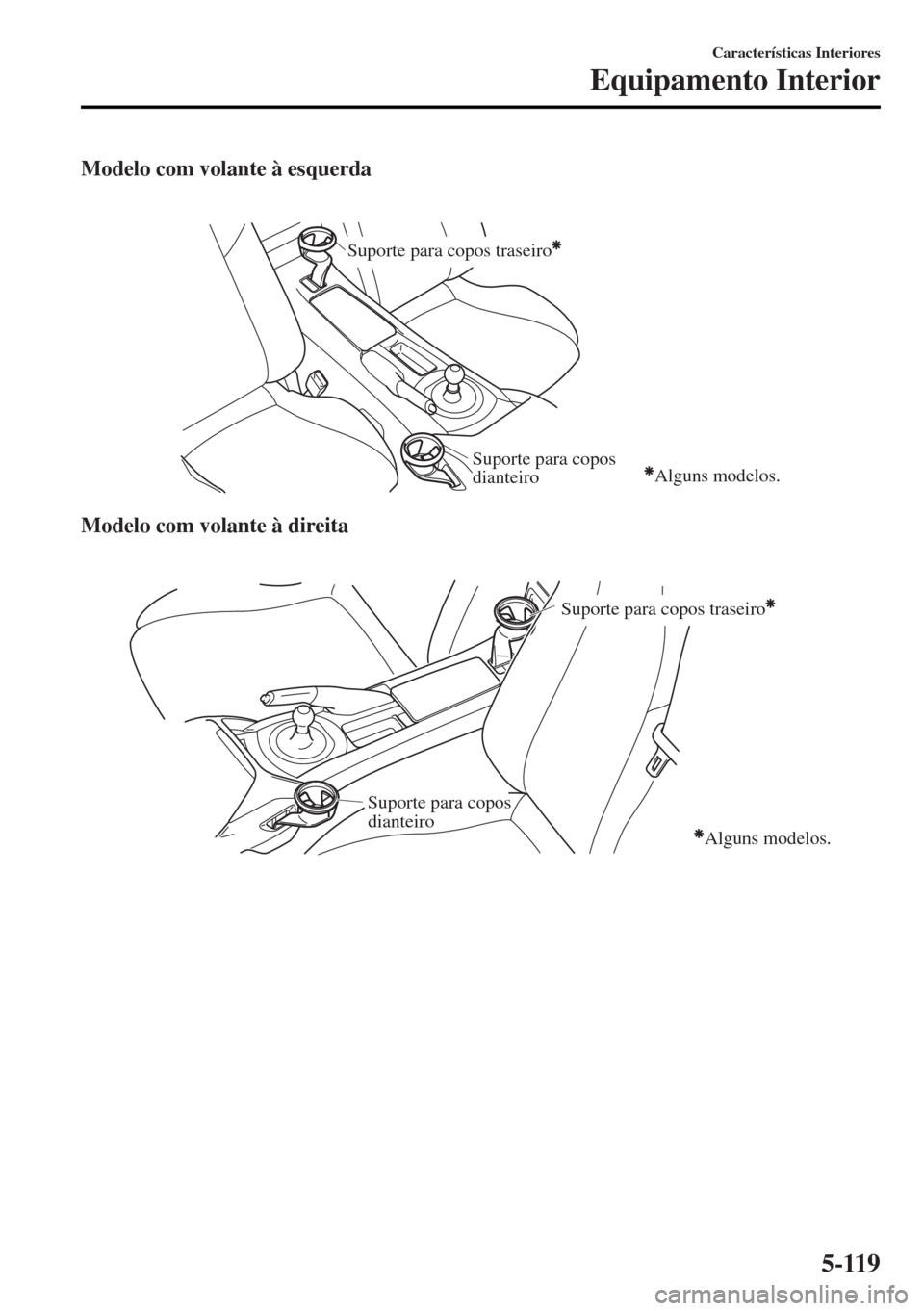 MAZDA MODEL MX-5 2017  Manual do proprietário (in Portuguese) Modelo com volante à esquerda
 
Suporte para copos traseiro
Alguns modelos.Suporte para copos 
dianteiro
Modelo com volante à direita
 
Suporte para copos traseiro
Suporte para copos 
dianteiro
Algu