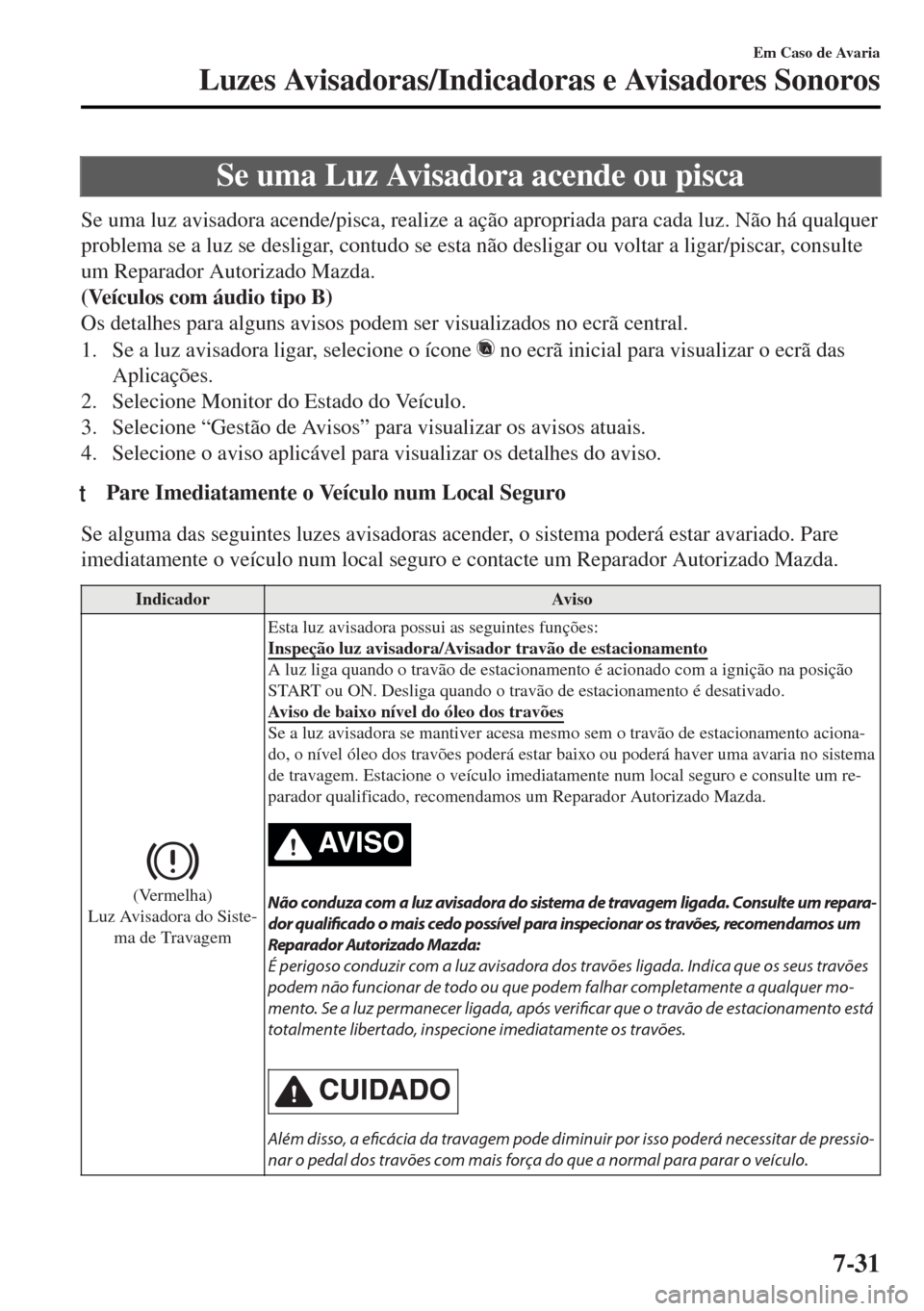 MAZDA MODEL MX-5 2017  Manual do proprietário (in Portuguese) Se uma Luz Avisadora acende ou pisca
Se uma luz avisadora acende/pisca, realize a ação apropriada para cada luz. Não há qualquer
problema se a luz se desligar, contudo se esta não desligar ou vol