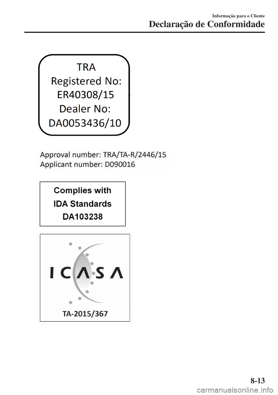 MAZDA MODEL MX-5 2017  Manual do proprietário (in Portuguese) Informação para o Cliente
Declaração de Conformidade
8-13 