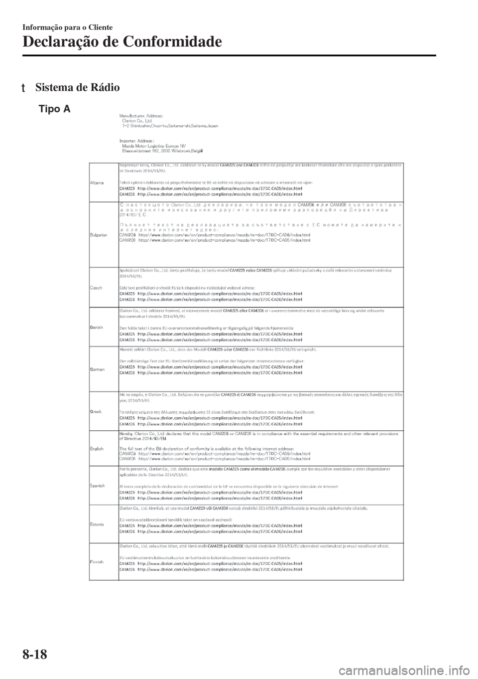 MAZDA MODEL MX-5 2017  Manual do proprietário (in Portuguese) tSistema de Rádio
Tipo A
Informação para o Cliente
Declaração de Conformidade
8-18 