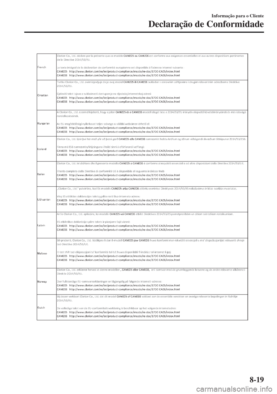 MAZDA MODEL MX-5 2017  Manual do proprietário (in Portuguese) Informação para o Cliente
Declaração de Conformidade
8-19 