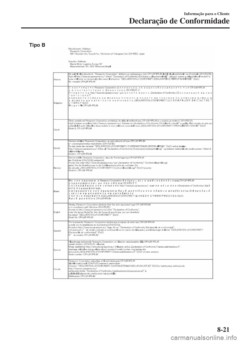 MAZDA MODEL MX-5 2017  Manual do proprietário (in Portuguese) Tipo B
Informação para o Cliente
Declaração de Conformidade
8-21 