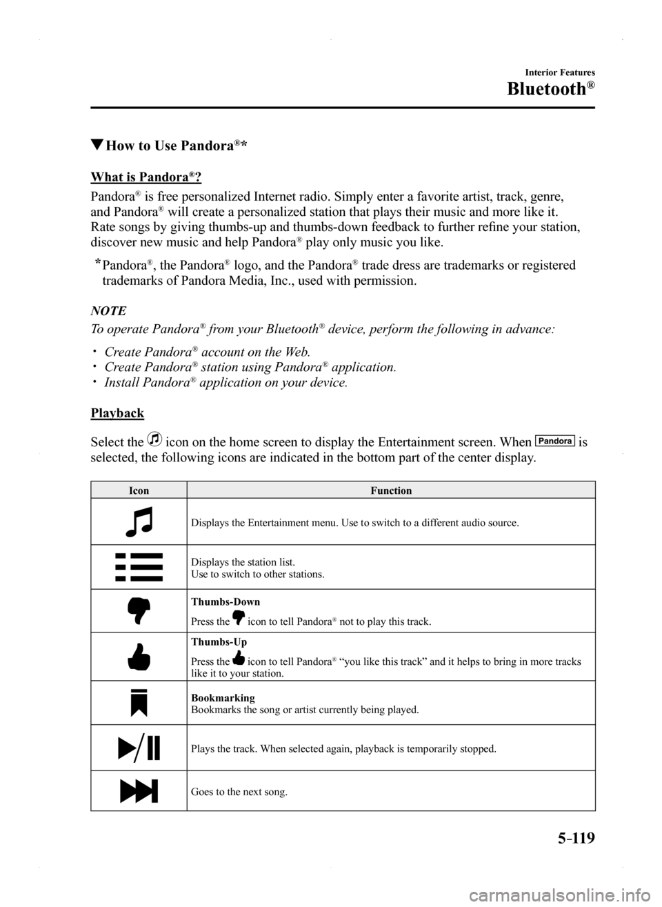 MAZDA MODEL MX-5 2016 Owners Manual (in English) 5–119
Interior Features
Bluetooth®
How to Use Pandora®*
What is Pandora®?
Pandora® is free personalized Internet radio. Simply enter a favorite artist, tr\
ack, genre,
and Pandora® will creat MAZDA MODEL MX-5 2016 Owners Manual (in English) 5–119
Interior Features
Bluetooth®
How to Use Pandora®*
What is Pandora®?
Pandora® is free personalized Internet radio. Simply enter a favorite artist, tr\
ack, genre,
and Pandora® will creat