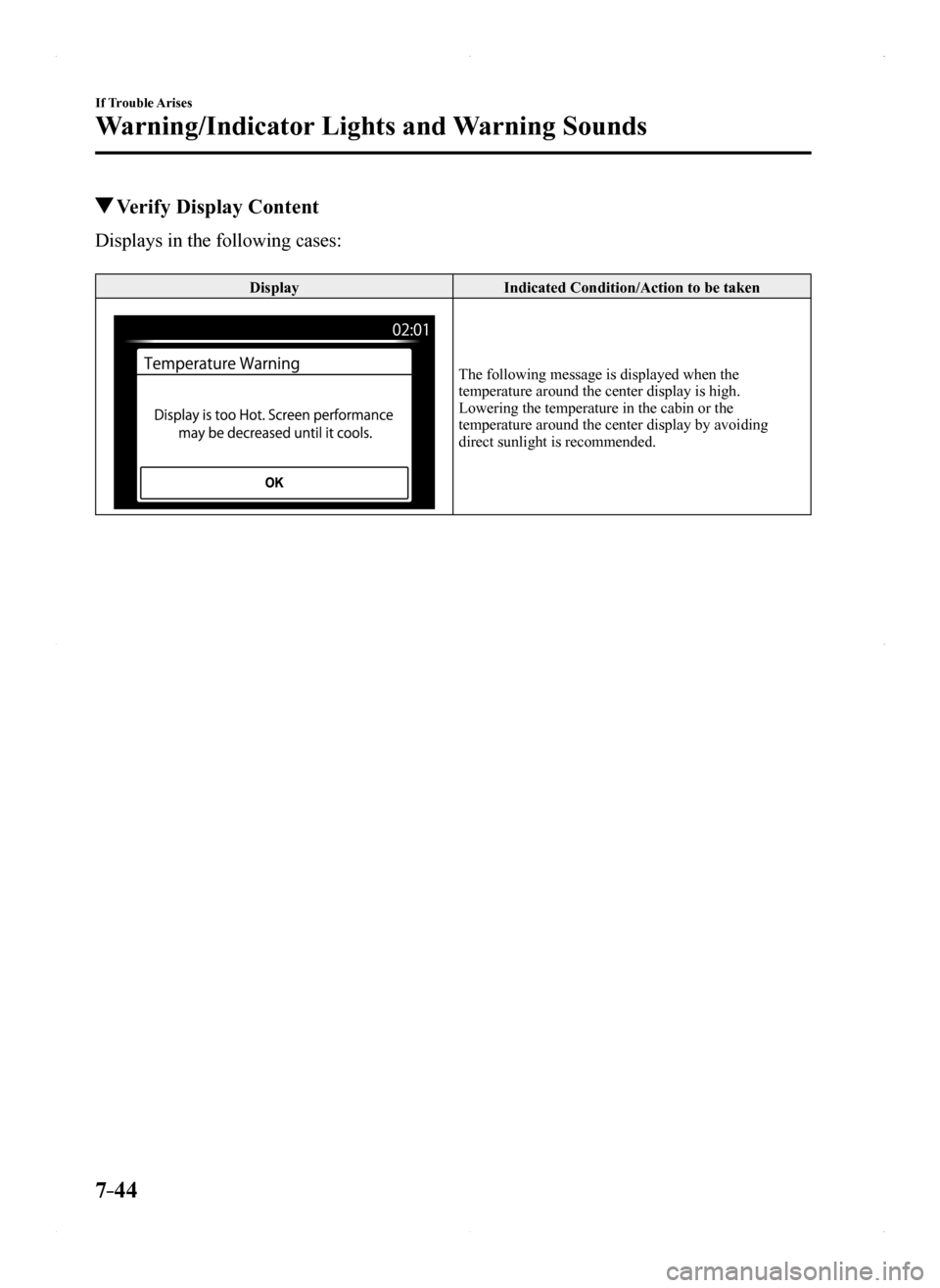 MAZDA MODEL MX-5 2016  Owners Manual (in English) 7–44
If Trouble Arises
Warning/Indicator Lights and Warning Sounds
 Verify Display Content
Displays in the following cases:
DisplayIndicated Condition/Action to be taken
The following message is dis