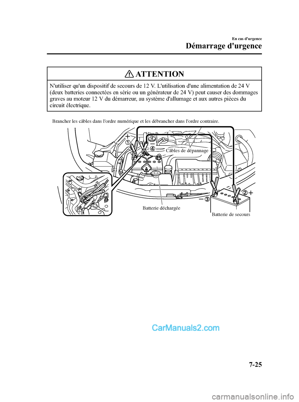 MAZDA MODEL MX-5 2007  Manuel du propriétaire (in French) Black plate (311,1)
ATTENTION
Nutiliser quun dispositif de secours de 12 V. Lutilisation dune alimentation de 24 V
(deux batteries connectées en série ou un générateur de 24 V) peut causer des