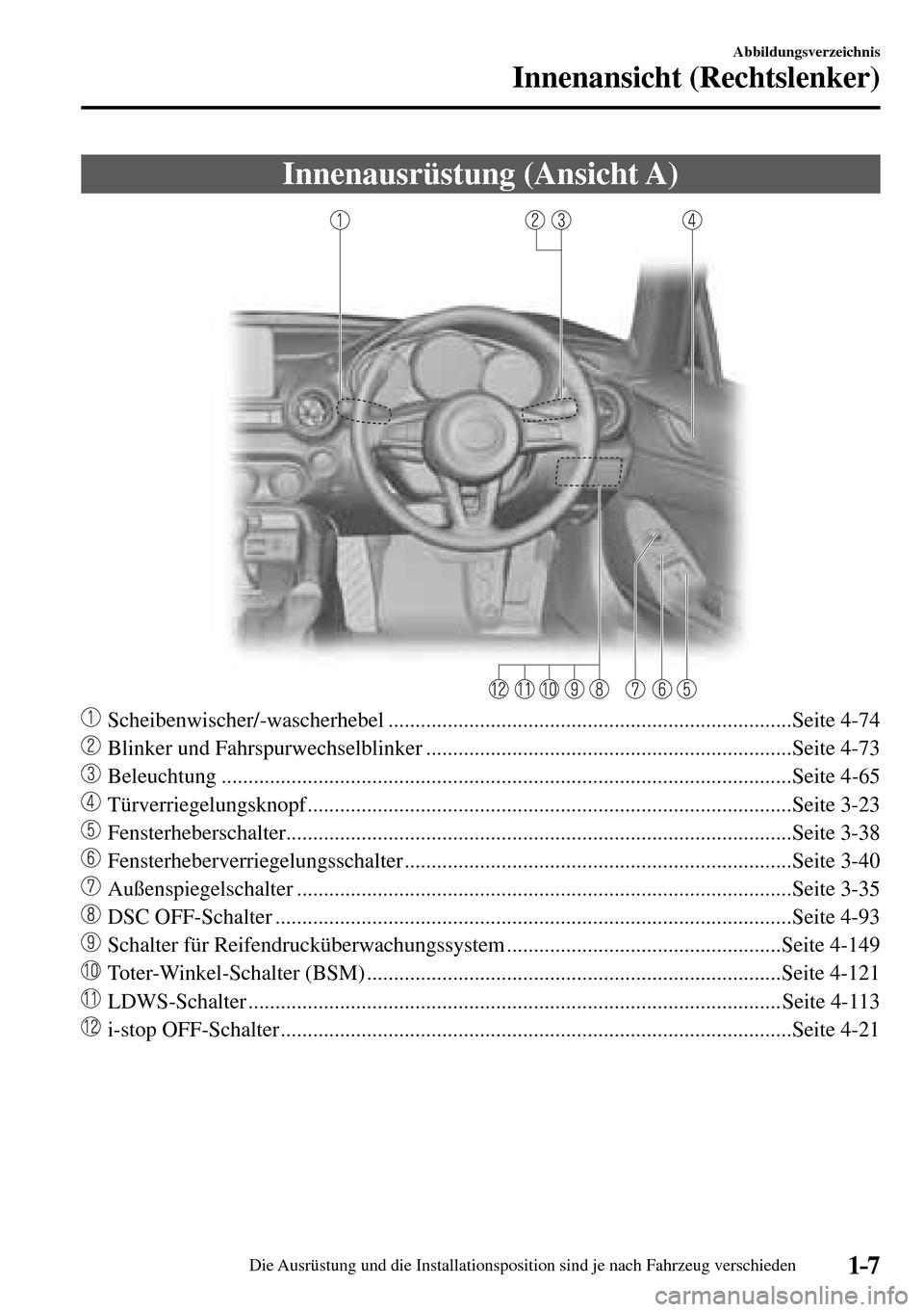 MAZDA MODEL MX-5 RF 2017 Betriebsanleitung (in German) 1–7
Abbildungsverzeichnis
Innenansicht (Rechtslenker)
Innenausrüstung (Ansicht A)
Scheibenwischer/-wascherhebel ......................................................................... MAZDA MODEL MX-5 RF 2017 Betriebsanleitung (in German) 1–7
Abbildungsverzeichnis
Innenansicht (Rechtslenker)
Innenausrüstung (Ansicht A)
Scheibenwischer/-wascherhebel .........................................................................