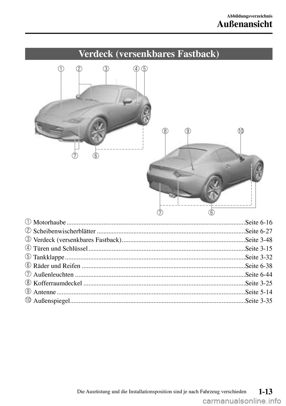 MAZDA MODEL MX-5 RF 2017 Betriebsanleitung (in German) 1–13
Abbildungsverzeichnis
Außenansicht
Verdeck (versenkbares Fastback)
Motorhaube ...........................................................................................................Se MAZDA MODEL MX-5 RF 2017 Betriebsanleitung (in German) 1–13
Abbildungsverzeichnis
Außenansicht
Verdeck (versenkbares Fastback)
Motorhaube ...........................................................................................................Se