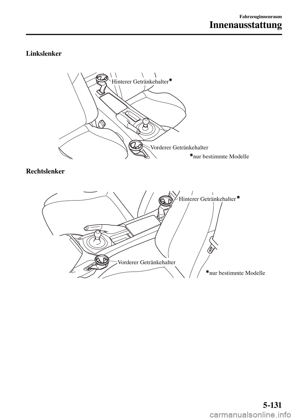 MAZDA MODEL MX-5 RF 2017  Betriebsanleitung (in German) 5–131
Fahrzeuginnenraum
Innenausstattung
  Linkslenker
Vorderer Getränkehalter Hinterer Getränkehalter
nur bestimmte Modelle
  Rechtslenker
Hinterer Getränkehalter
Vorderer Getränkehalter
nur be