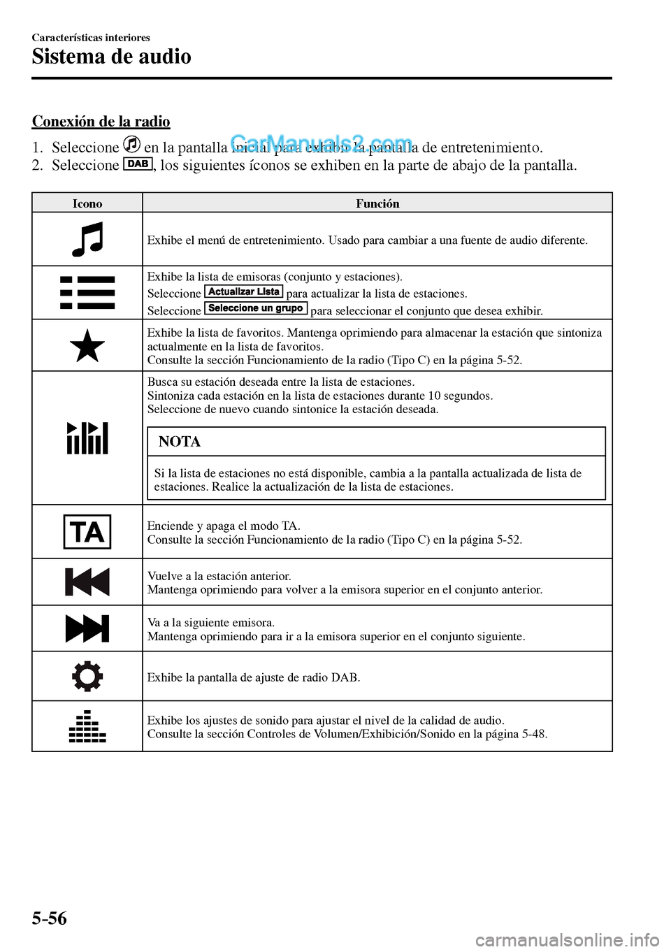 MAZDA MODEL MX-5 RF 2017 Manual del propietario (in Spanish) 5–56
Características interiores
Sistema de audio
Conexión de la radio
1. Seleccione
en la pantalla inicial para exhibir la pantalla de entretenimiento.
2. Seleccione
, los s MAZDA MODEL MX-5 RF 2017 Manual del propietario (in Spanish) 5–56
Características interiores
Sistema de audio
Conexión de la radio
1. Seleccione
en la pantalla inicial para exhibir la pantalla de entretenimiento.
2. Seleccione
, los s