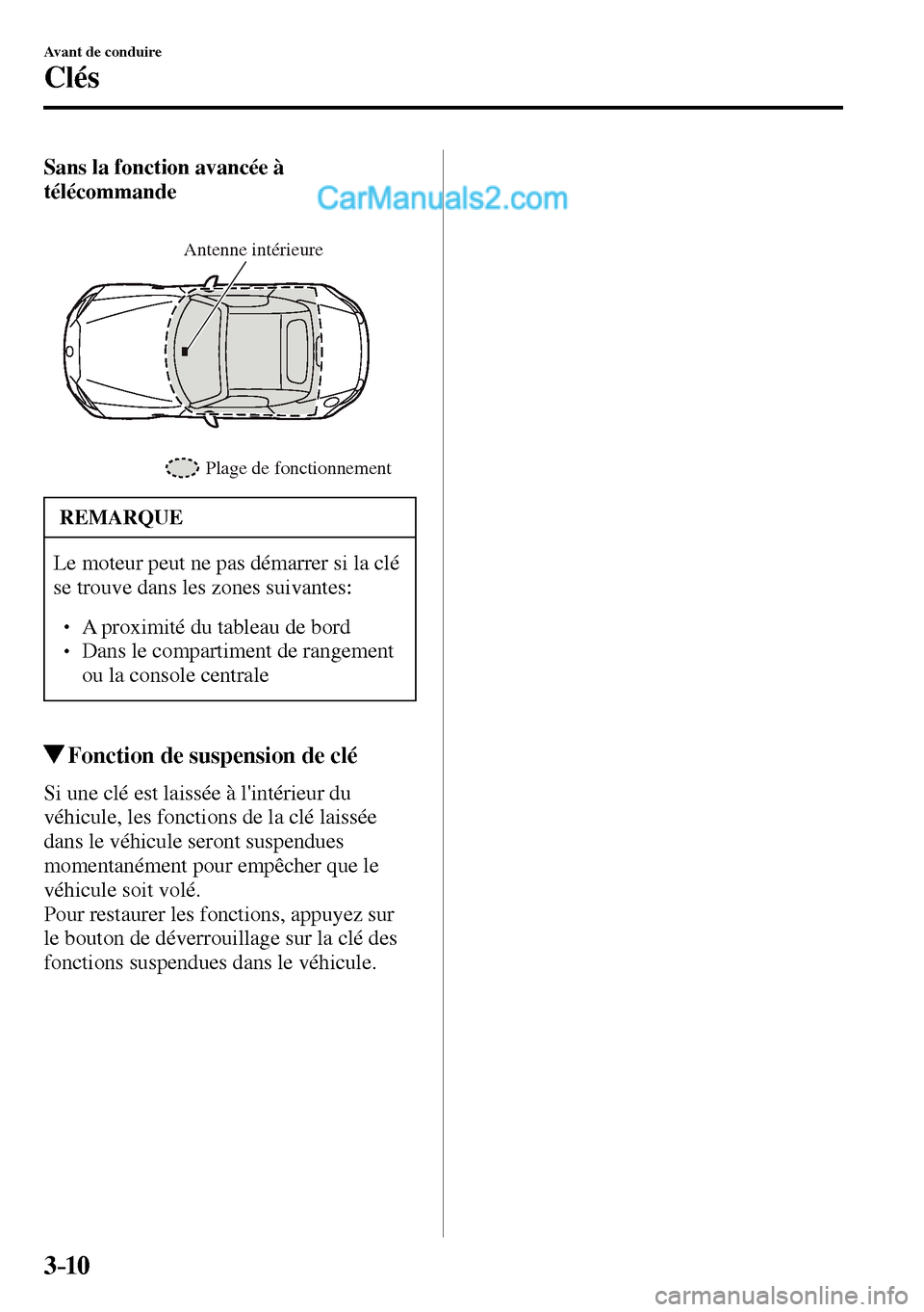 MAZDA MODEL MX-5 RF 2017  Manuel du propriétaire (in French) 3–10
Avant de conduire
Clés
Sans la fonction avancée à 
télécommande
Plage de fonctionnement Antenne intérieure 
 REMARQUE
 Le moteur peut ne pas démarrer si la clé 
se trouve dans les zones