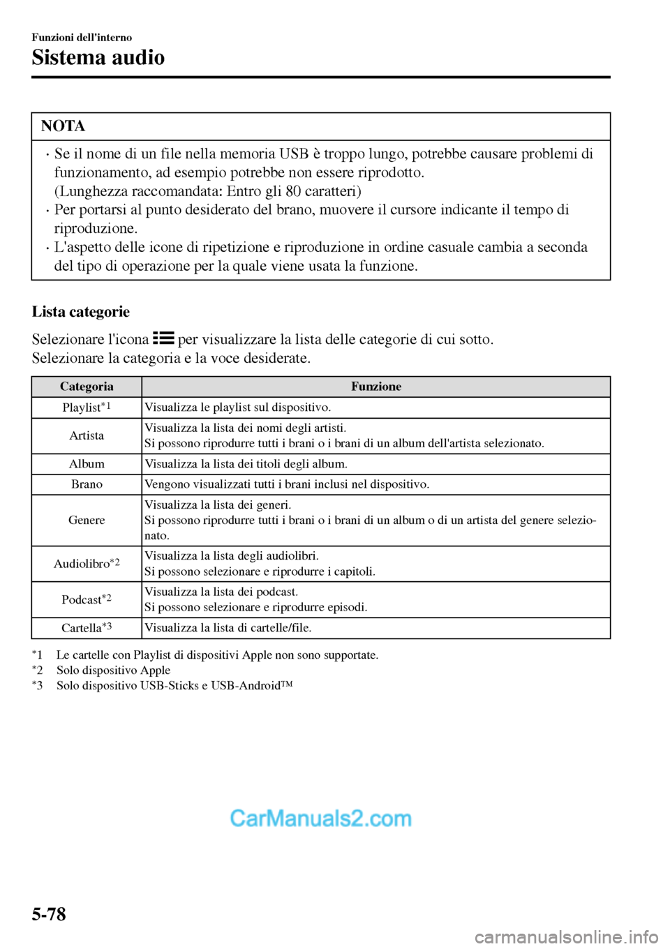 MAZDA MODEL MX-5 RF 2017 Manuale del proprietario (in Italian) NOTA
•Se il nome di un file nella memoria USB è troppo lungo, potrebbe causare problemi di
funzionamento, ad esempio potrebbe non essere riprodotto.
(Lunghezza raccomandata: Entro gli 80 caratteri) MAZDA MODEL MX-5 RF 2017 Manuale del proprietario (in Italian) NOTA
•Se il nome di un file nella memoria USB è troppo lungo, potrebbe causare problemi di
funzionamento, ad esempio potrebbe non essere riprodotto.
(Lunghezza raccomandata: Entro gli 80 caratteri)