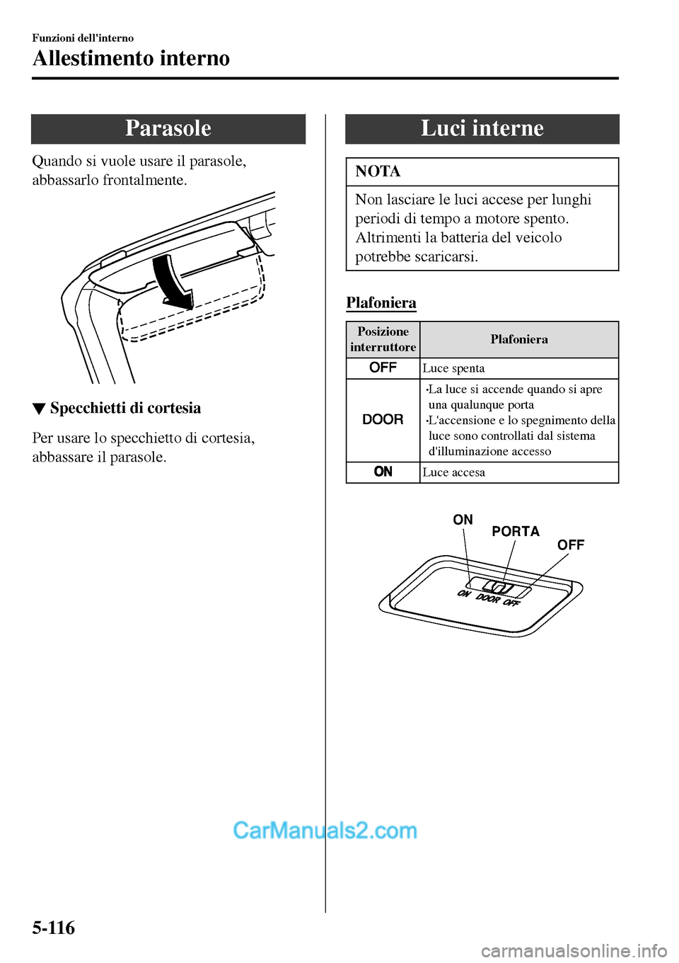 MAZDA MODEL MX-5 RF 2017  Manuale del proprietario (in Italian) Parasole
Quando si vuole usare il parasole,
abbassarlo frontalmente.
▼▼Specchietti di cortesia
Per usare lo specchietto di cortesia,
abbassare il parasole.
Luci interne
NOTA
Non lasciare le luci a