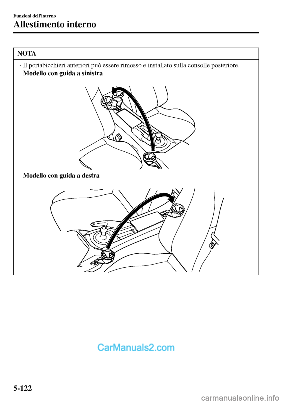 MAZDA MODEL MX-5 RF 2017  Manuale del proprietario (in Italian) NOTA
•Il portabicchieri anteriori può essere rimosso e installato sulla consolle posteriore.
Modello con guida a sinistra
 
Modello con guida a destra
 
Funzioni dellinterno
Allestimento interno
5