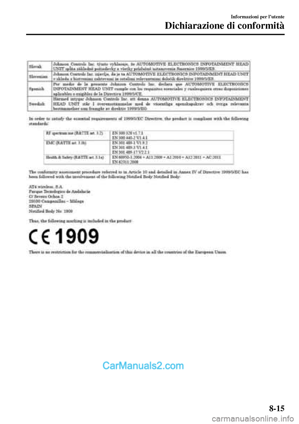 MAZDA MODEL MX-5 RF 2017  Manuale del proprietario (in Italian)  
Informazioni per lutente
Dichiarazione di conformità
8-15  
