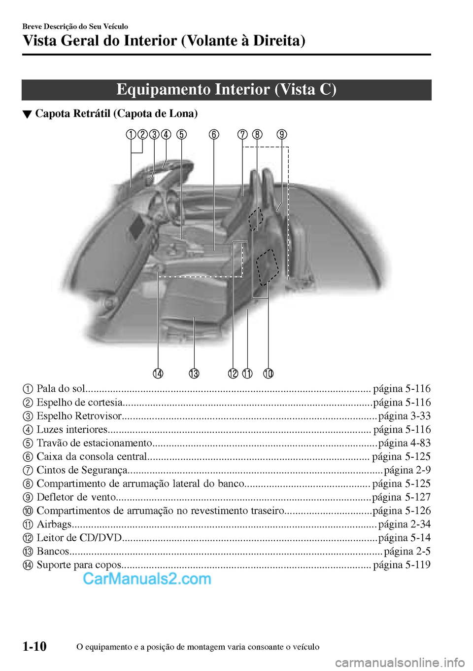 MAZDA MODEL MX-5 RF 2017  Manual do proprietário (in Portuguese) Equipamento Interior (Vista C)
▼Capota Retr