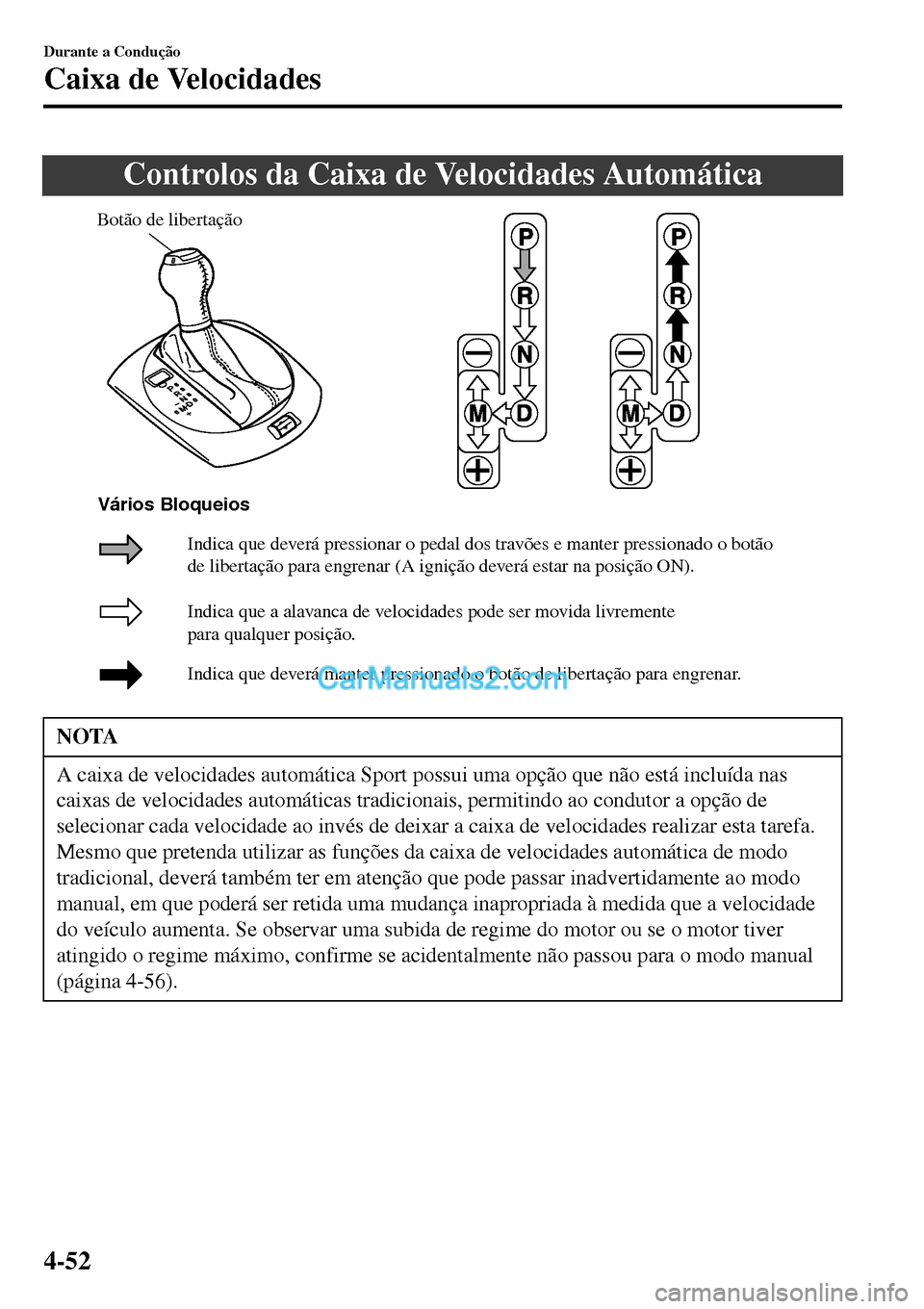 MAZDA MODEL MX-5 RF 2017  Manual do proprietário (in Portuguese) Controlos da Caixa de Velocidades Automática
Botão de libertação
Indica que a alavanca de velocidades pode ser movida livremente 
para qualquer posição.
Indica que deverá manter pressionado o b