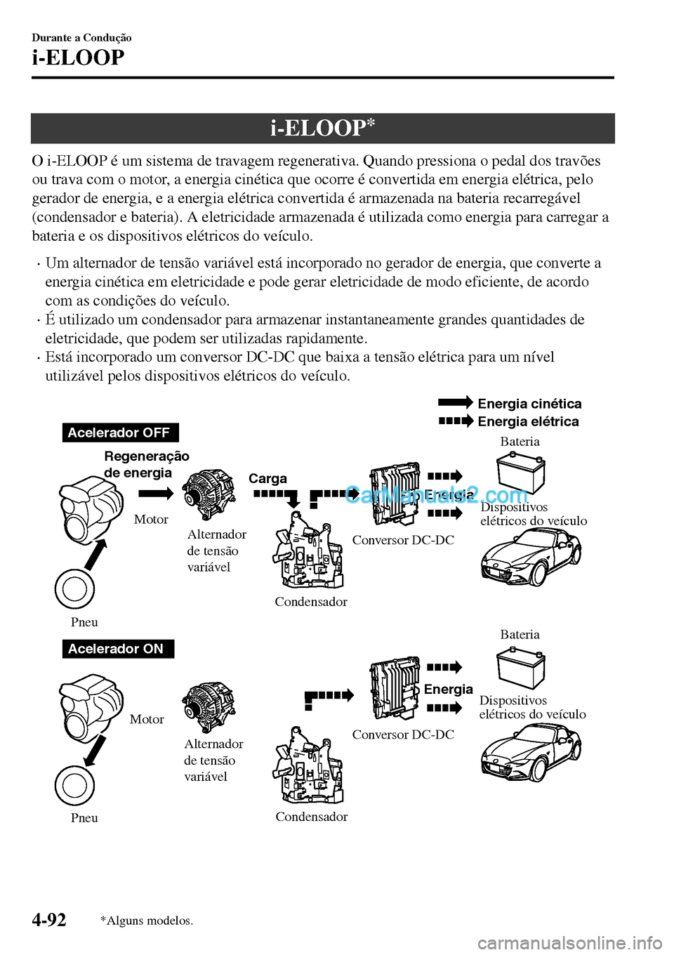 MAZDA MODEL MX-5 RF 2017  Manual do proprietário (in Portuguese) i-ELOOP*
O i-ELOOP é um sistema de travagem regenerativa. Quando pressiona o pedal dos travões
ou trava com o motor, a energia cinética que ocorre é convertida em energia elétrica, pelo
gerador d