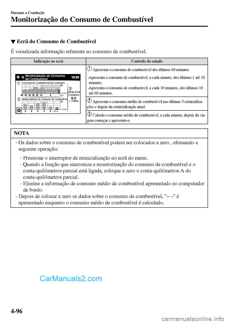 MAZDA MODEL MX-5 RF 2017  Manual do proprietário (in Portuguese) ▼Ecrã do Consumo de Combustível
É visualizada informação referente ao consumo de combustível.
Indicação no ecrã Controlo do estado
Economia de Combustível (Esta Condução)
Média Históri