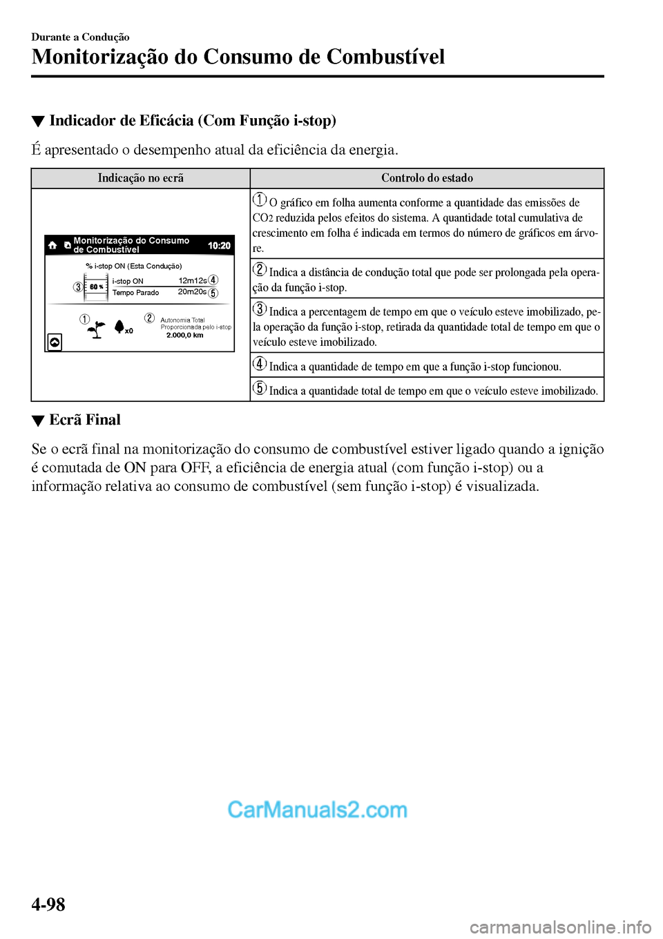 MAZDA MODEL MX-5 RF 2017  Manual do proprietário (in Portuguese) ▼Indicador de Eficácia (Com Função i-stop)
É apresentado o desempenho atual da eficiência da energia.
Indicação no ecrã Controlo do estado
Monitorização do Consumo 
de Combustível
% i-sto