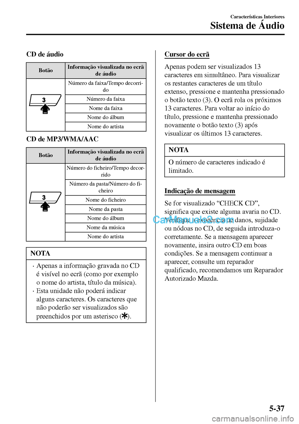 MAZDA MODEL MX-5 RF 2017  Manual do proprietário (in Portuguese) CD de áudio
BotãoInformação visualizada no ecrã
de áudio
Número da faixa/Tempo decorri-
do
Número da faixa
Nome da faixa
Nome do álbum
Nome do artista
CD de MP3/WMA/AAC
BotãoInformação vis
