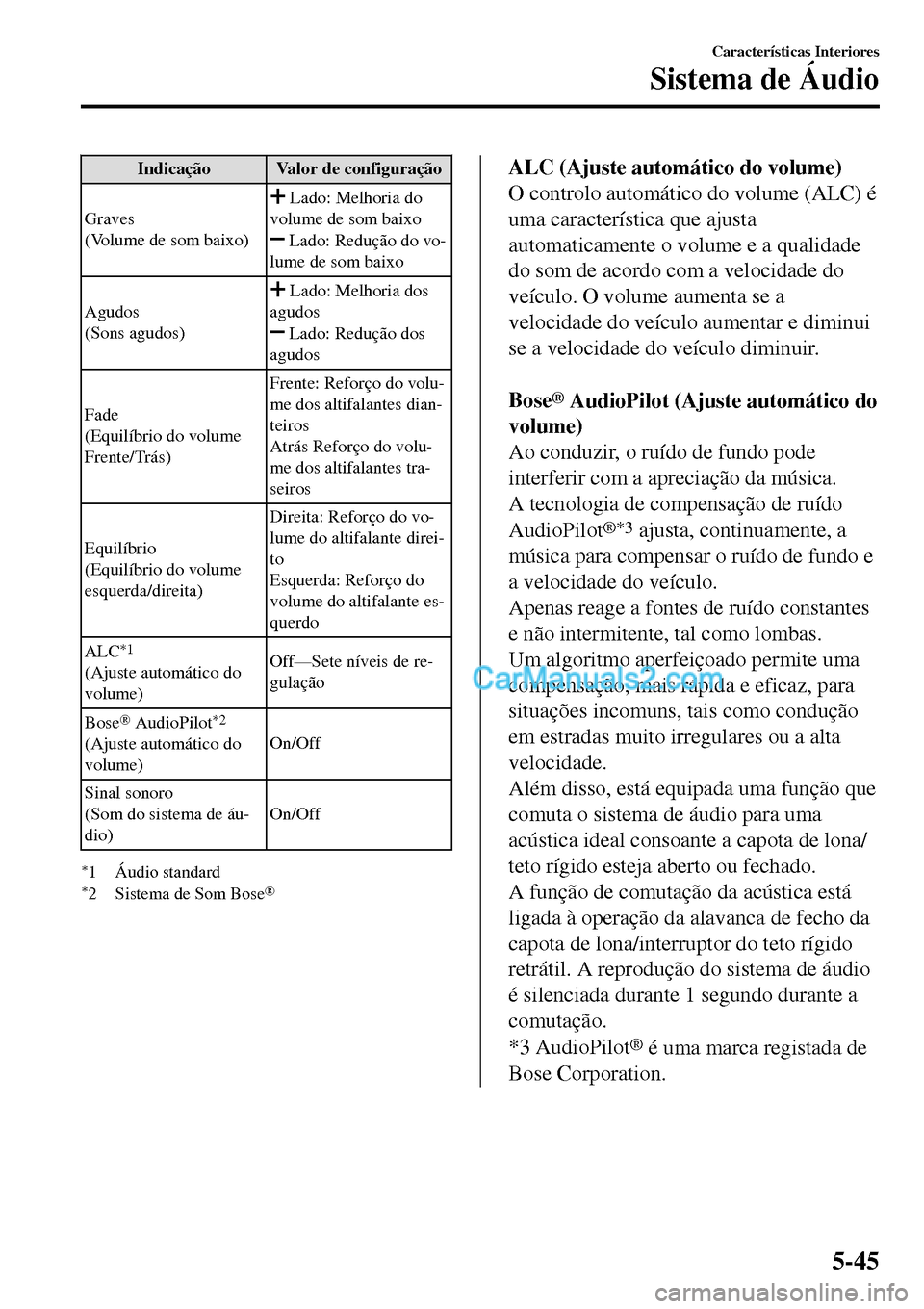 MAZDA MODEL MX-5 RF 2017  Manual do proprietário (in Portuguese) Indicação Valor de configuração
Graves
(Volume de som baixo)
 Lado: Melhoria do
volume de som baixo
 Lado: Redução do vo-
lume de som baixo
Agudos
(Sons agudos)
 Lado: Melhoria dos
agudos
 Lado: