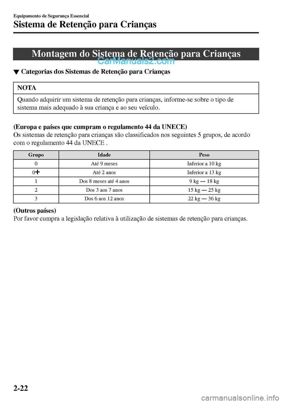MAZDA MODEL MX-5 RF 2017  Manual do proprietário (in Portuguese) Montagem do Sistema de Retenção para Crianças
▼Categorias dos Sistemas de Reten