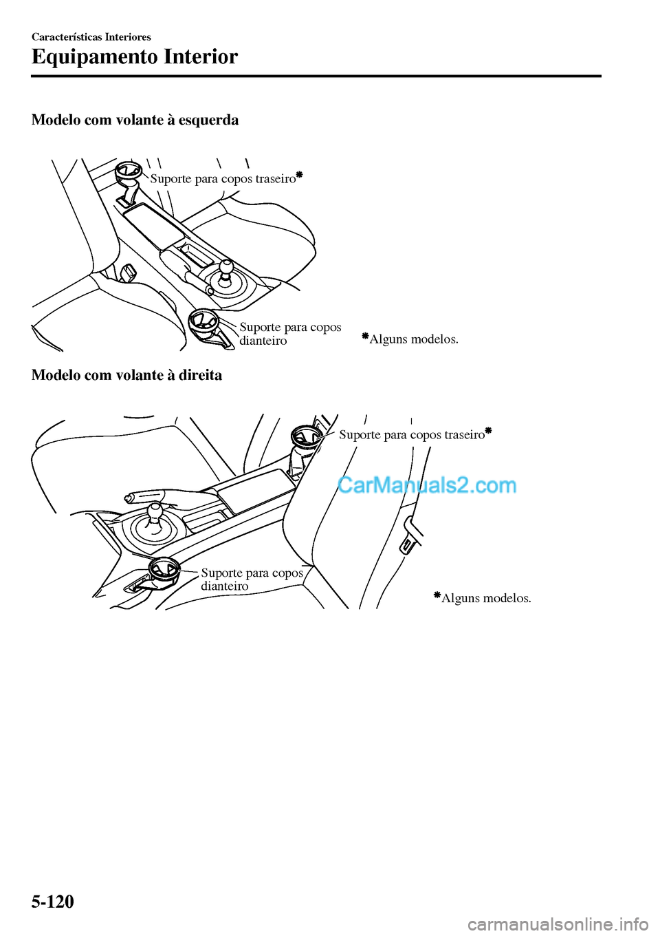 MAZDA MODEL MX-5 RF 2017  Manual do proprietário (in Portuguese) Modelo com volante à esquerda
 
Suporte para copos traseiro
Alguns modelos.Suporte para copos 
dianteiro
Modelo com volante à direita
 
Suporte para copos traseiro
Suporte para copos 
dianteiro
Algu