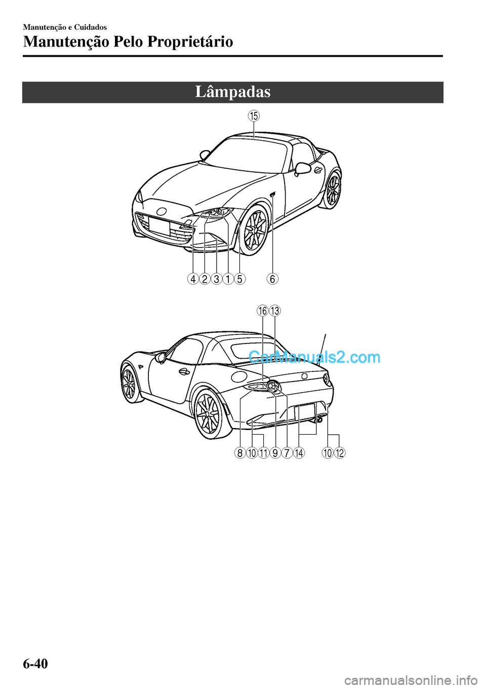 MAZDA MODEL MX-5 RF 2017  Manual do proprietário (in Portuguese) Lâmpadas
6
15
1316
15234
1011141012789
Manutenção e Cuidados
Manutenção Pelo Proprietário
6-40  