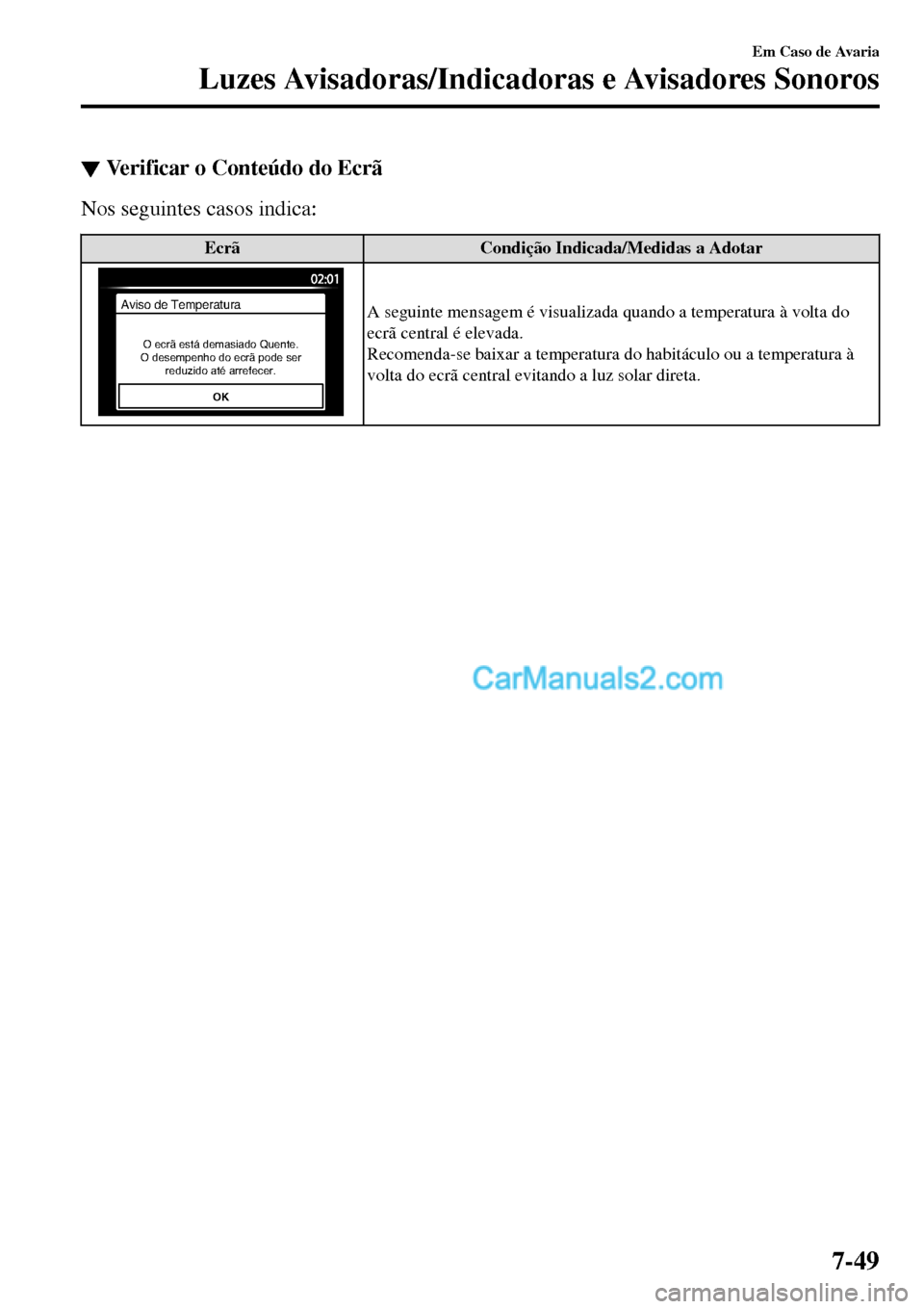 MAZDA MODEL MX-5 RF 2017  Manual do proprietário (in Portuguese) ▼Verificar o Conteúdo do Ecrã
Nos seguintes casos indica:
Ecrã Condição Indicada/Medidas a Adotar
OK
O ecrã está demasiado Quente. 
O desempenho do ecrã pode ser 
reduzido até arrefecer.
Av