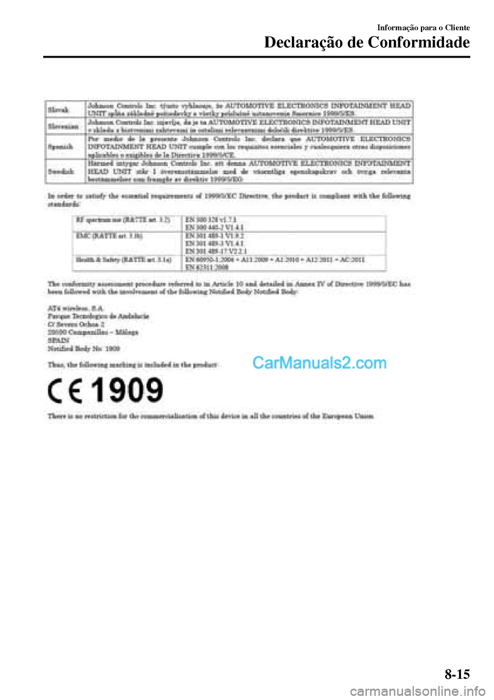 MAZDA MODEL MX-5 RF 2017  Manual do proprietário (in Portuguese)  
Informação para o Cliente
Declaração de Conformidade
8-15  