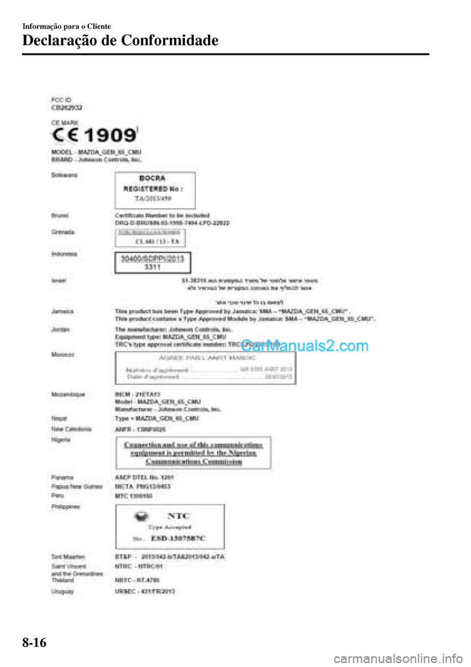 MAZDA MODEL MX-5 RF 2017  Manual do proprietário (in Portuguese)  
Informação para o Cliente
Declaração de Conformidade
8-16  