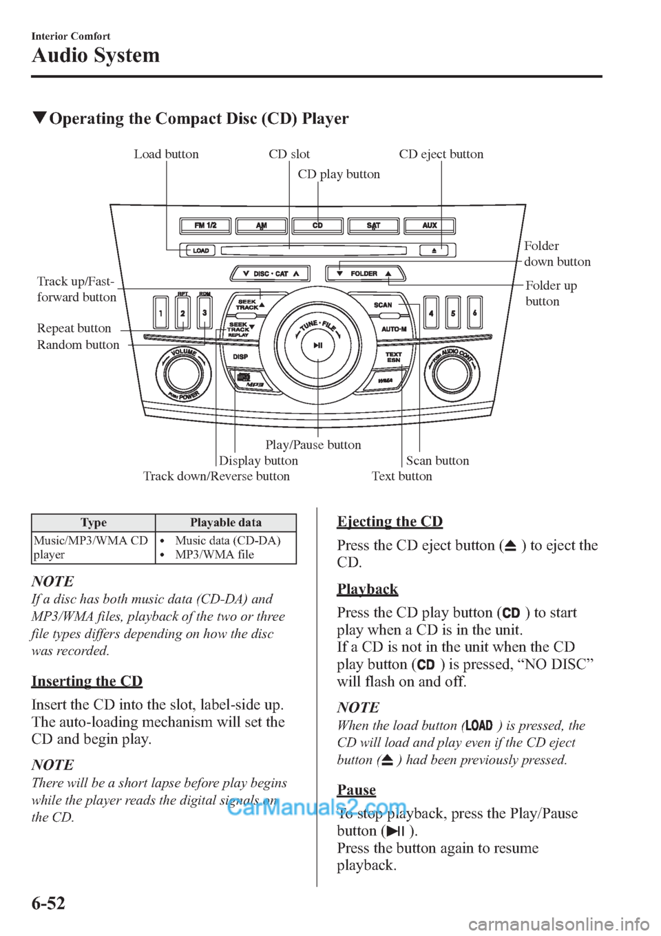 MAZDA MODEL MAZDASPEED 3 2013 Owners Manual (in English) qOperating the Compact Disc (CD) Player
Track down/Reverse button Track up/Fast-
forward buttonCD eject button CD slot
CD play button
Display buttonFolder
down button
Folder up
button
Random button MAZDA MODEL MAZDASPEED 3 2013 Owners Manual (in English) qOperating the Compact Disc (CD) Player
Track down/Reverse button Track up/Fast-
forward buttonCD eject button CD slot
CD play button
Display buttonFolder
down button
Folder up
button
Random button