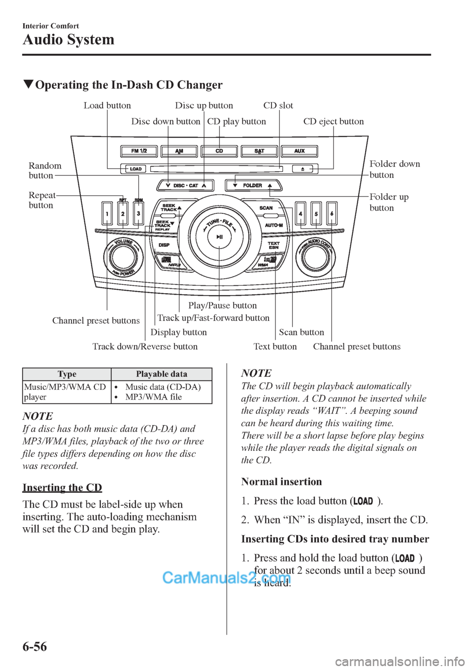 MAZDA MODEL MAZDASPEED 3 2013 Owners Manual (in English) qOperating the In-Dash CD Changer
Track up/Fast-forward buttonCD eject button
Display button
Load button
Channel preset buttons Channel preset buttons
Track down/Reverse button
Text button
Disc down b MAZDA MODEL MAZDASPEED 3 2013 Owners Manual (in English) qOperating the In-Dash CD Changer
Track up/Fast-forward buttonCD eject button
Display button
Load button
Channel preset buttons Channel preset buttons
Track down/Reverse button
Text button
Disc down b