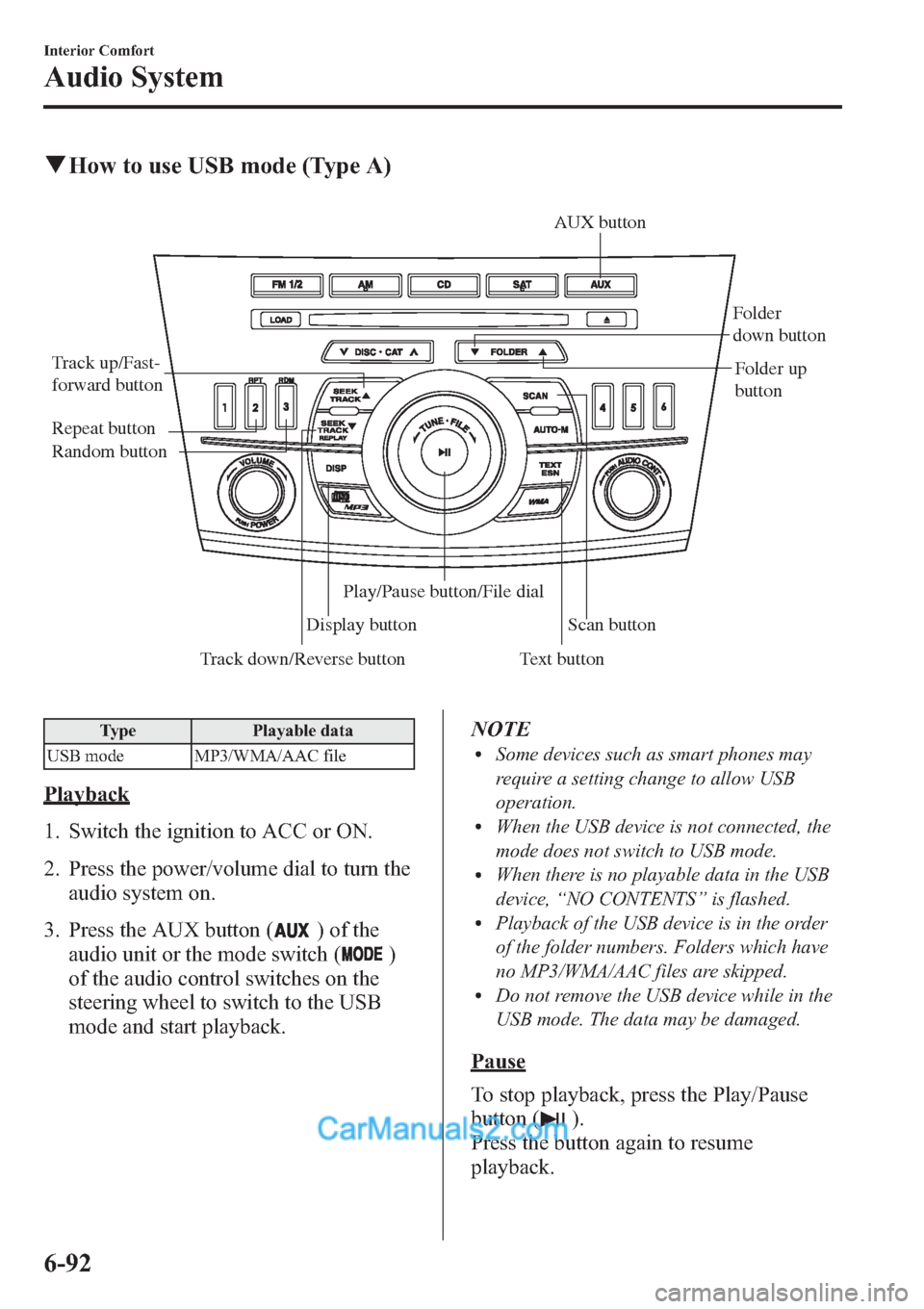 MAZDA MODEL MAZDASPEED 3 2013 Owners Manual (in English) qHow to use USB mode (Type A)
Track down/Reverse button Track up/Fast-
forward button
Display buttonFolder
down button
Folder up
button
Random button Repeat button
Text buttonScan button AUX button
MAZDA MODEL MAZDASPEED 3 2013 Owners Manual (in English) qHow to use USB mode (Type A)
Track down/Reverse button Track up/Fast-
forward button
Display buttonFolder
down button
Folder up
button
Random button Repeat button
Text buttonScan button AUX button