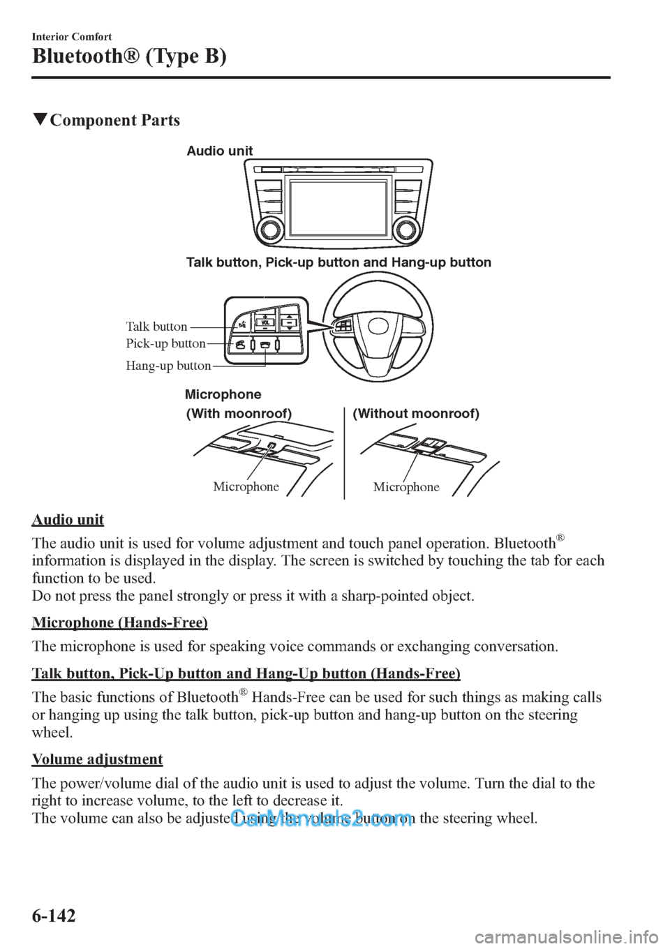 MAZDA MODEL MAZDASPEED 3 2013  Owners Manual (in English) qComponent Parts
MicrophoneMicrophone
Talk button, Pick-up button and Hang-up button
(With moonroof) Microphone
(Without moonroof) Audio unit
Talk button
Hang-up button Pick-up button
Audio unit
The a
