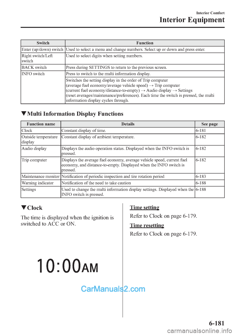 MAZDA MODEL MAZDASPEED 3 2013  Owners Manual (in English) Switch Function
Enter (up/down) switch Used to select a menu and change numbers. Select up or down and press enter.
Right switch/Left
switchUsed to select digits when setting numbers.
BACK switch Pres