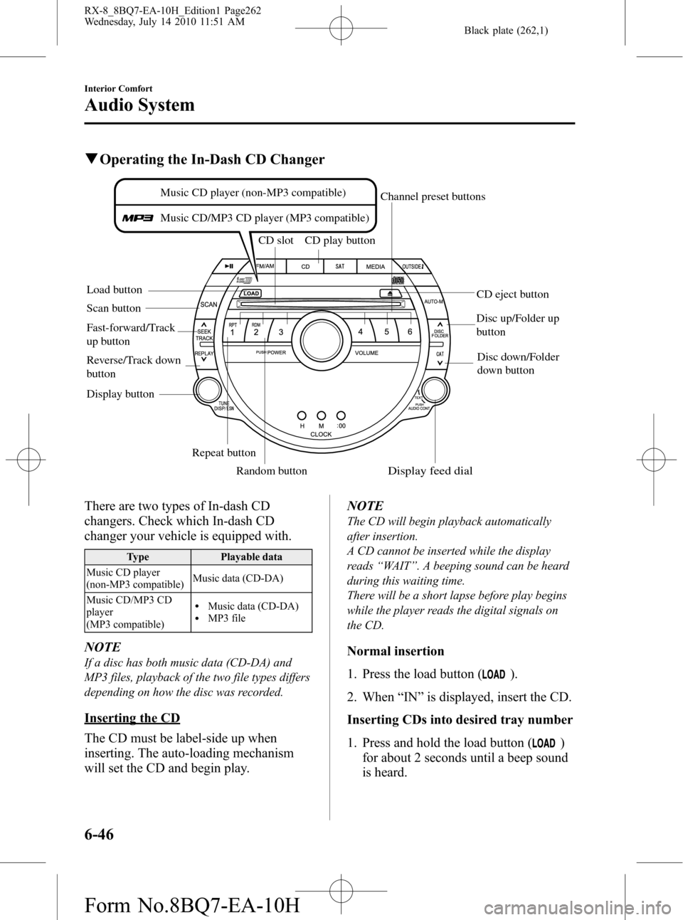 MAZDA MODEL RX 8 2011 Owners Manual (in English) Black plate (262,1)
qOperating the In-Dash CD Changer
Load buttonCD slot CD play button
Display button
Repeat button
Random button Scan buttonCD eject button Channel preset buttons
Disc down/Folder
d MAZDA MODEL RX 8 2011 Owners Manual (in English) Black plate (262,1)
qOperating the In-Dash CD Changer
Load buttonCD slot CD play button
Display button
Repeat button
Random button Scan buttonCD eject button Channel preset buttons
Disc down/Folder
d