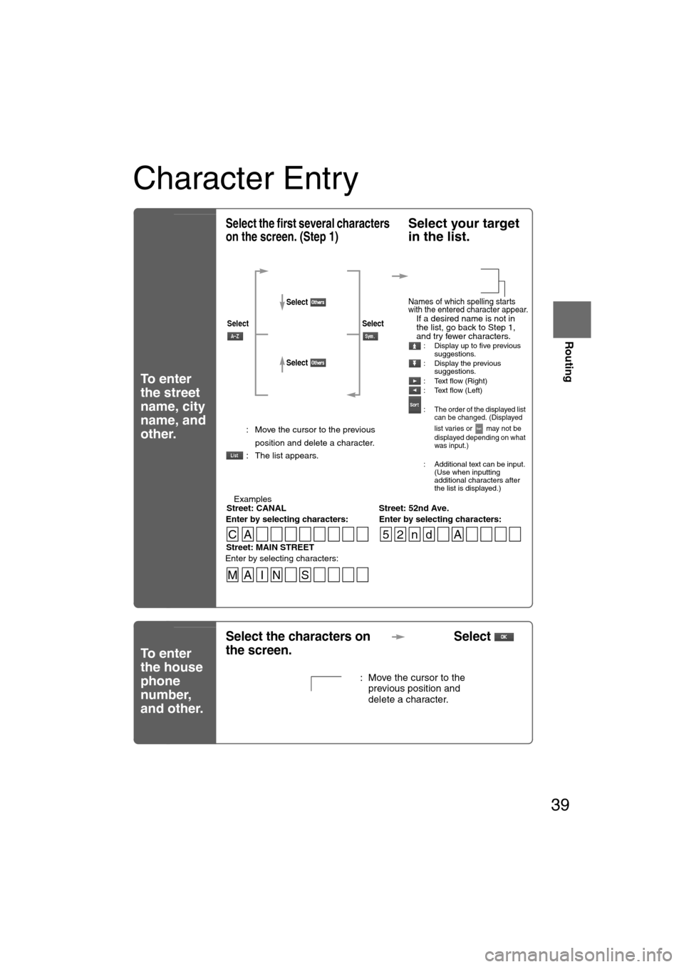 MAZDA MODEL RX 8 2008 Owners Manual (in English) 39
Before
UseGetting
started
Routing
Character Entry
To enter
the street
name, city
name, and
other.
To enter
the house
phone
number,
and other.
Select the first several characters
on the scr MAZDA MODEL RX 8 2008 Owners Manual (in English) 39
Before
UseGetting
started
Routing
Character Entry
To enter
the street
name, city
name, and
other.
To enter
the house
phone
number,
and other.
Select the first several characters
on the scr