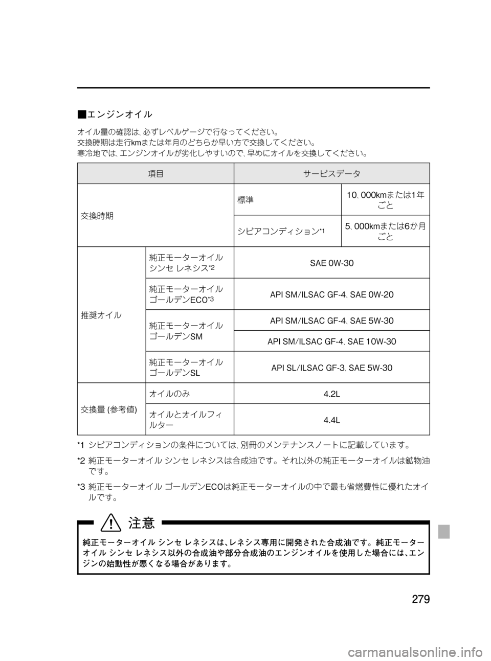MAZDA MODEL RX 8 2008  取扱説明書 (in Japanese) Black plate (279,1)
■エンジンオイル
オイル量の確認は､必ずレベルゲージで行なってください。
交換時期は走行kmまたは年月のどちらか早い方で交換