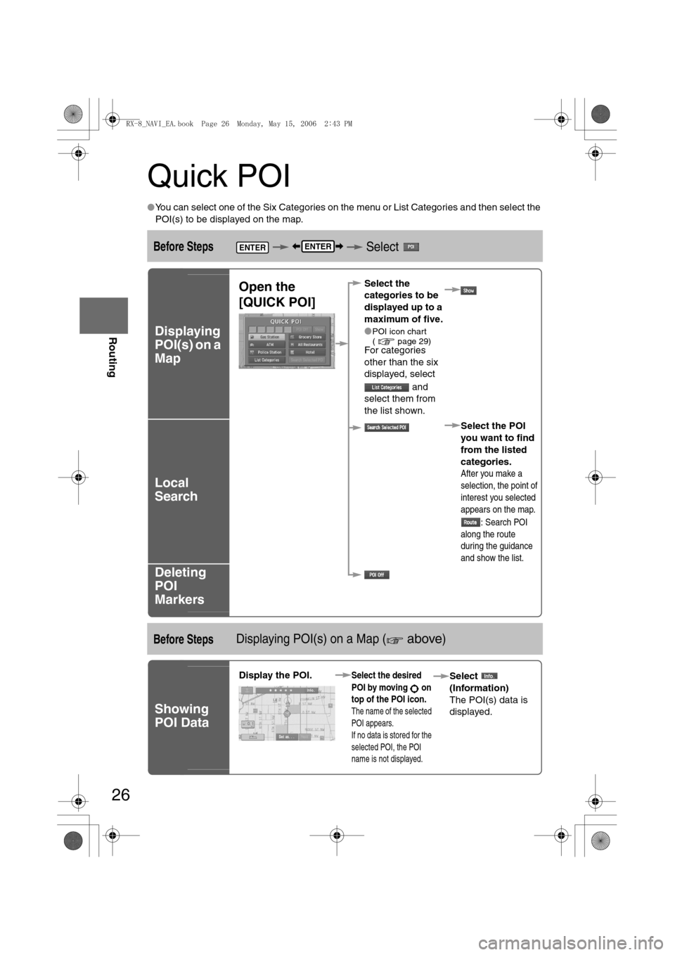 MAZDA MODEL RX 8 2007 Owners Manual (in English) 26
Before
UseGetting
started
Routing
Quick POI
lYou can select one of the Six Categories on the menu or List Categories and then select the
POI(s) to be displayed on the map.
Before Steps Select MAZDA MODEL RX 8 2007 Owners Manual (in English) 26
Before
UseGetting
started
Routing
Quick POI
lYou can select one of the Six Categories on the menu or List Categories and then select the
POI(s) to be displayed on the map.
Before Steps Select