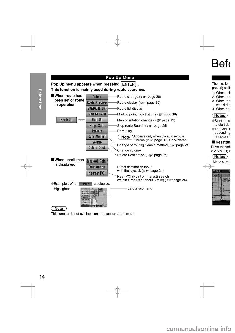 MAZDA MODEL RX 8 2005  Owners Manual (in English) 14
Before Use
Pop Up Menu
Pop Up menu appears when pressing                 . 
This function is mainly used during route searches.
Route change (        page 26)When route has
been set or route
in op