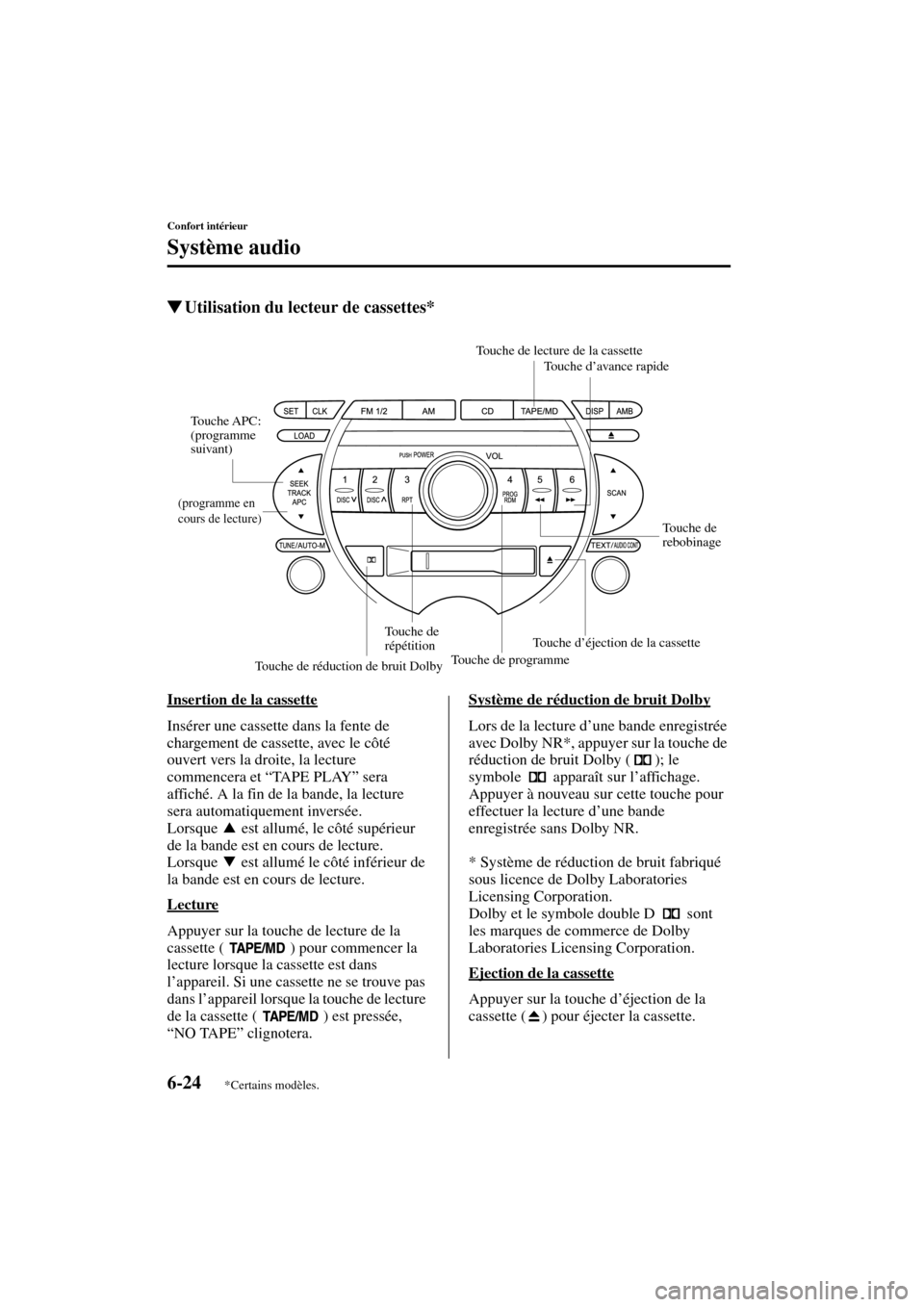 MAZDA MODEL RX 8 2004 Manuel du propriétaire (in French) 6-24
Confort intérieur
Système audio
Form No. 8R66-EC-03C-F
Utilisation du lecteur de cassettes*
Insertion de la cassette
Insérer une cassette dans la fente de
chargement de cassette, avec le cô MAZDA MODEL RX 8 2004 Manuel du propriétaire (in French) 6-24
Confort intérieur
Système audio
Form No. 8R66-EC-03C-F
Utilisation du lecteur de cassettes*
Insertion de la cassette
Insérer une cassette dans la fente de
chargement de cassette, avec le cô