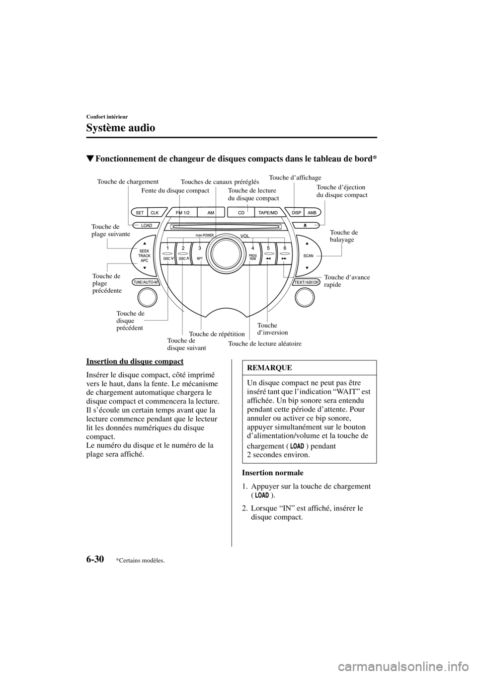 MAZDA MODEL RX 8 2004 Manuel du propriétaire (in French) 6-30
Confort intérieur
Système audio
Form No. 8R66-EC-03C-F
Fonctionnement de changeur de disques compacts dans le tableau de bord*
Insertion du disque compact
Insérer le disque compact, côté im MAZDA MODEL RX 8 2004 Manuel du propriétaire (in French) 6-30
Confort intérieur
Système audio
Form No. 8R66-EC-03C-F
Fonctionnement de changeur de disques compacts dans le tableau de bord*
Insertion du disque compact
Insérer le disque compact, côté im