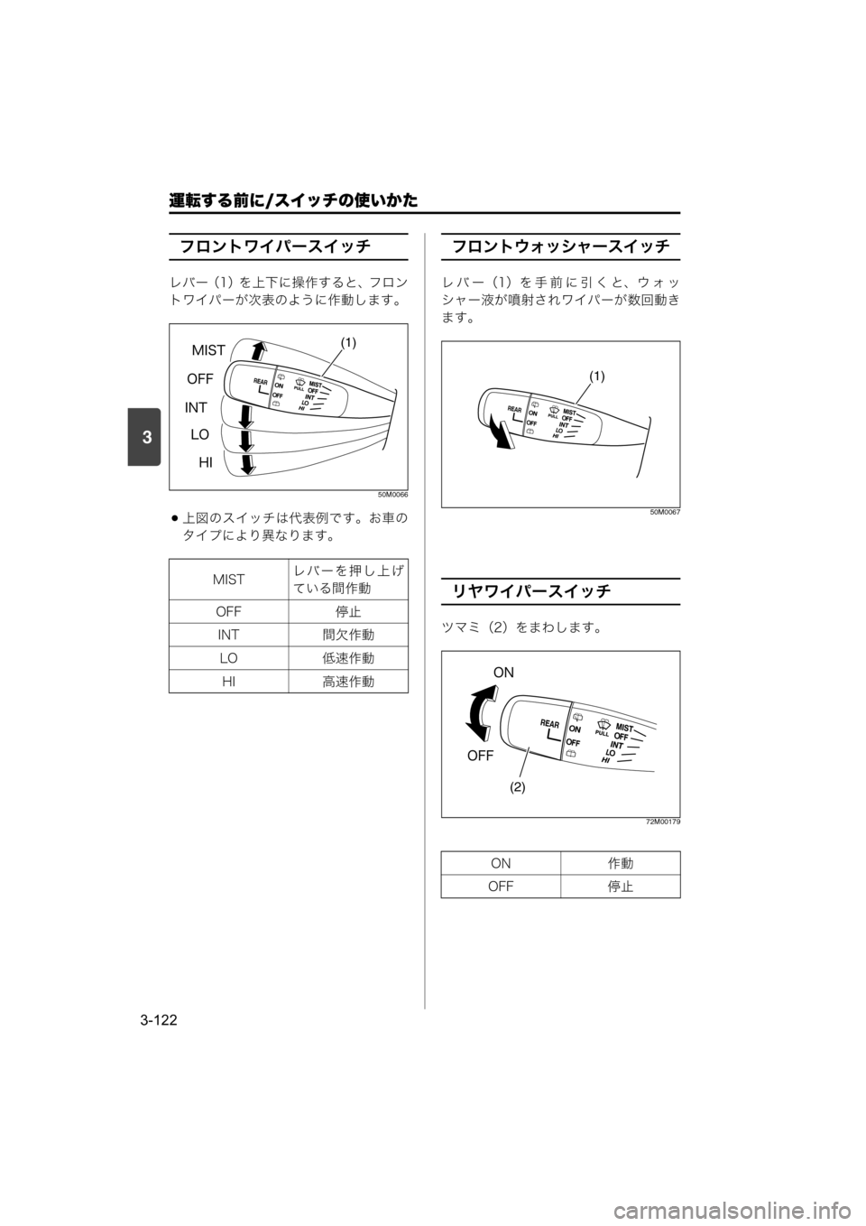 MAZDA MODEL SCRUM VAN / WAGON 2018  取扱説明書 (スクラムバン／ワゴン) (in Japanese) 運転する前に/スイッチの使いかた
3-122
3
フロントワイパースイッチ
レバー（1）を上下に操作すると、フロン
トワイパーが次表のように作動します