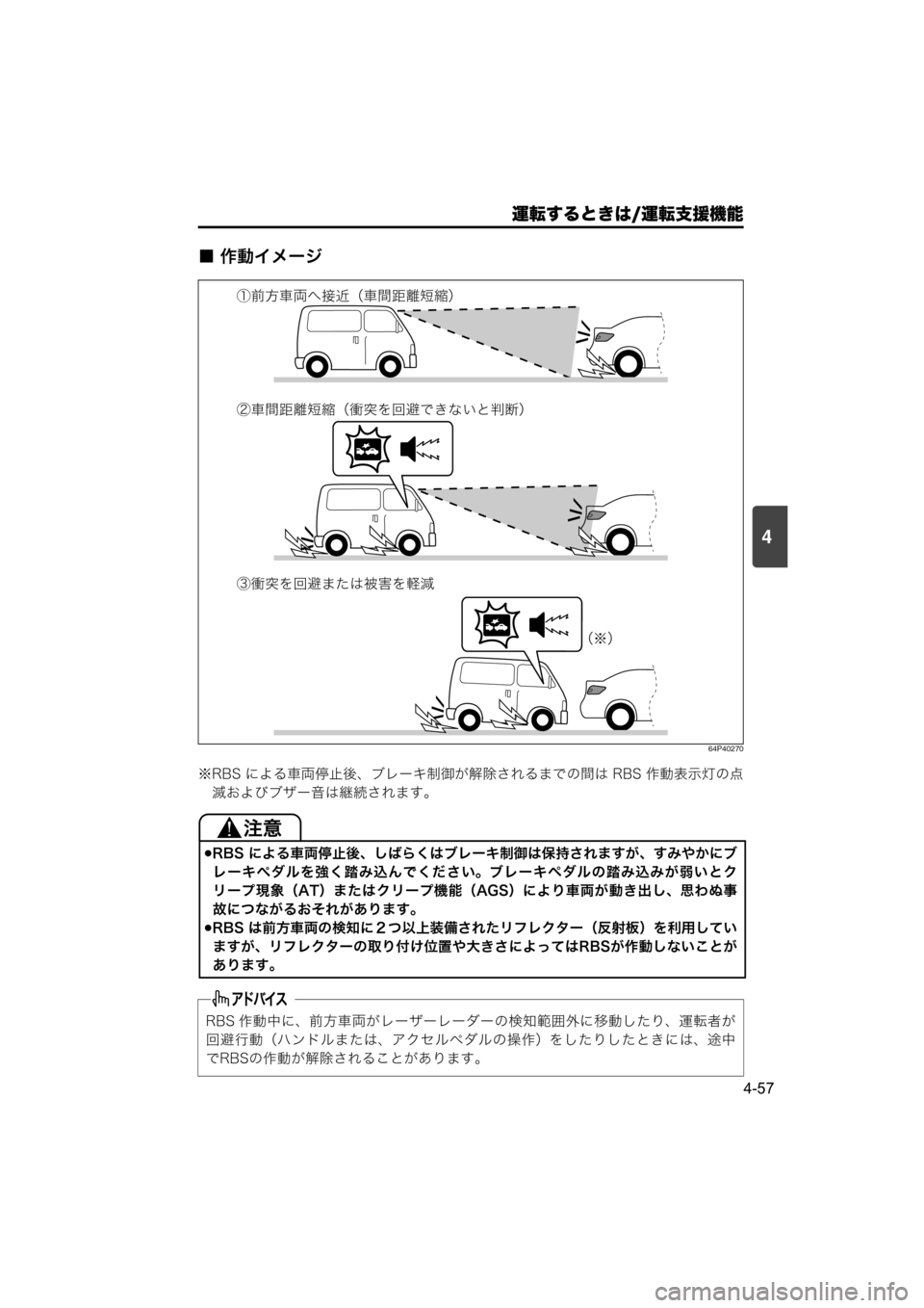 MAZDA MODEL SCRUM VAN / WAGON 2018  取扱説明書 (スクラムバン／ワゴン) (in Japanese) 運転するときは/運転支援機能
4-57
4
■ 作動イメージ
64P40270
※RBS による車両停止後、ブレーキ制御が解除されるまでの間は RBS 作動表示灯の点
滅お